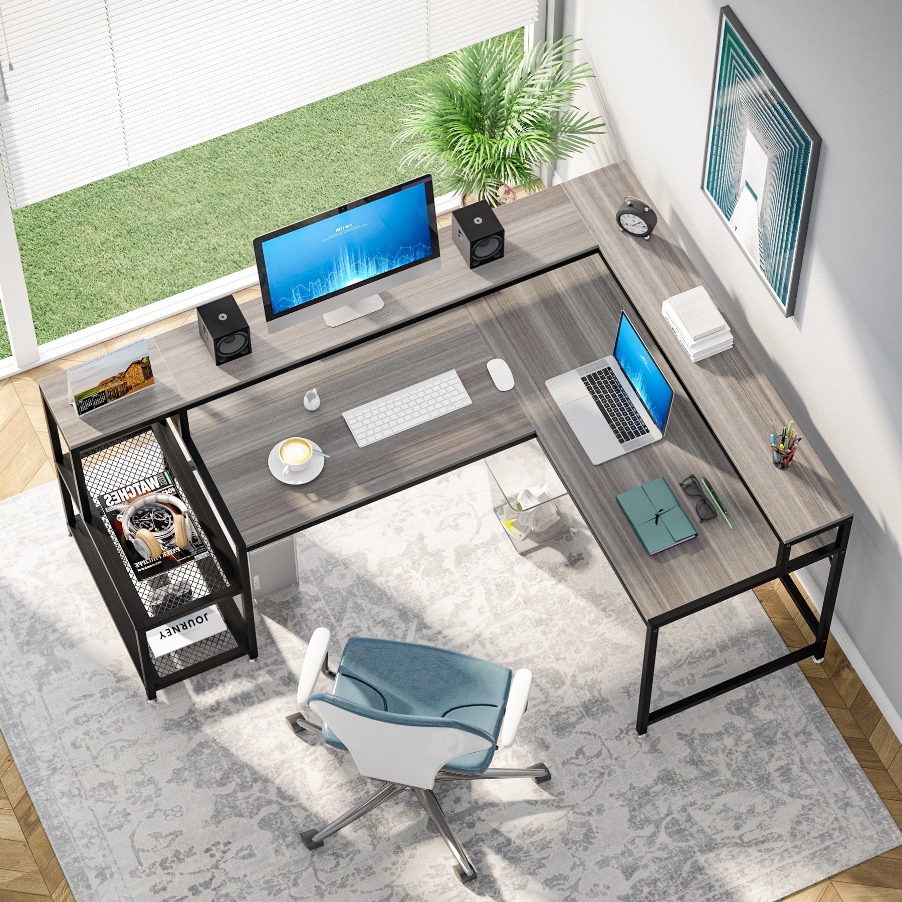 Bureau en L avec étagère pour écran, bureau d'angle réversible pour bureau à domicile 69