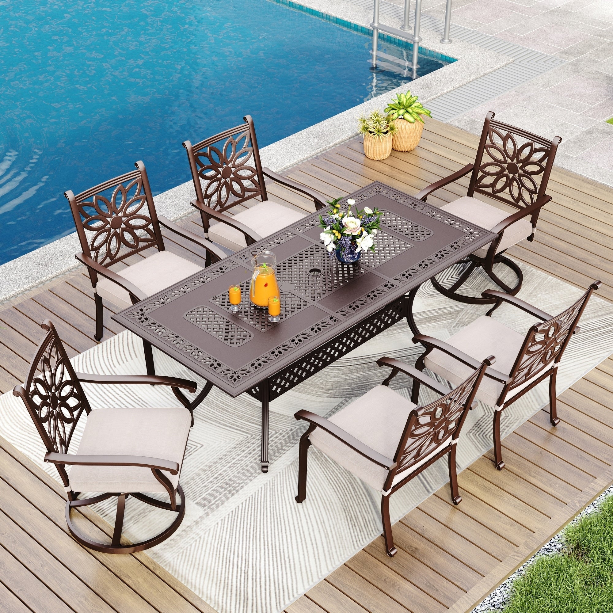 Ensemble de salle à manger de patio en aluminium moulé de 7 pièces de MAISON ARTS avec table rectangulaire extensible et 6 chaises en aluminium moulé