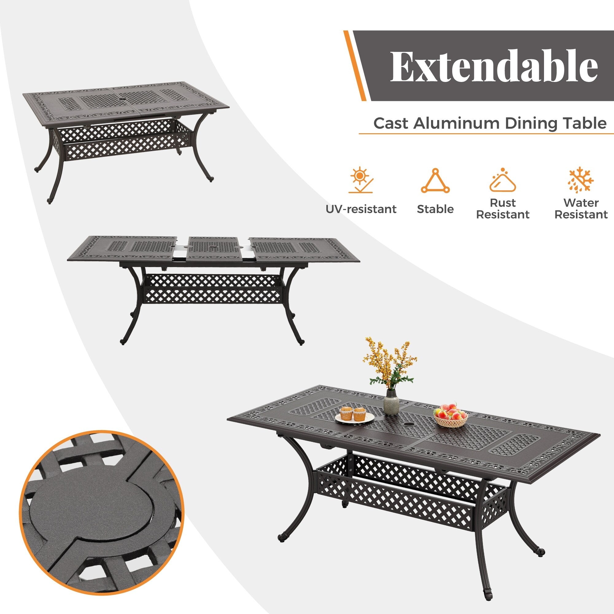 Ensemble de salle à manger de patio en aluminium moulé de 7 pièces de MAISON ARTS avec table rectangulaire extensible et 6 chaises en aluminium moulé