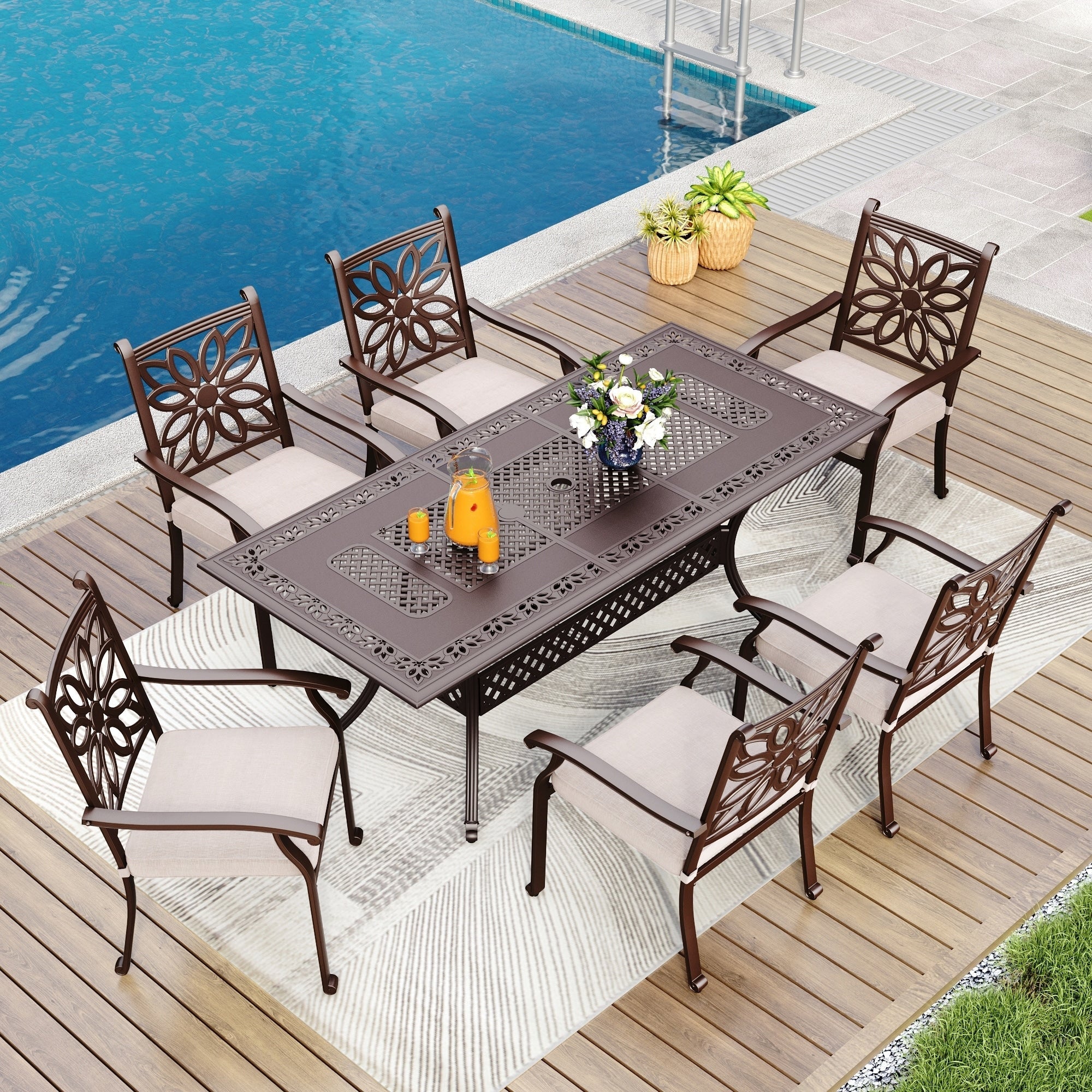 Ensemble de salle à manger de patio en aluminium moulé de 7 pièces de MAISON ARTS avec table rectangulaire extensible et 6 chaises en aluminium moulé