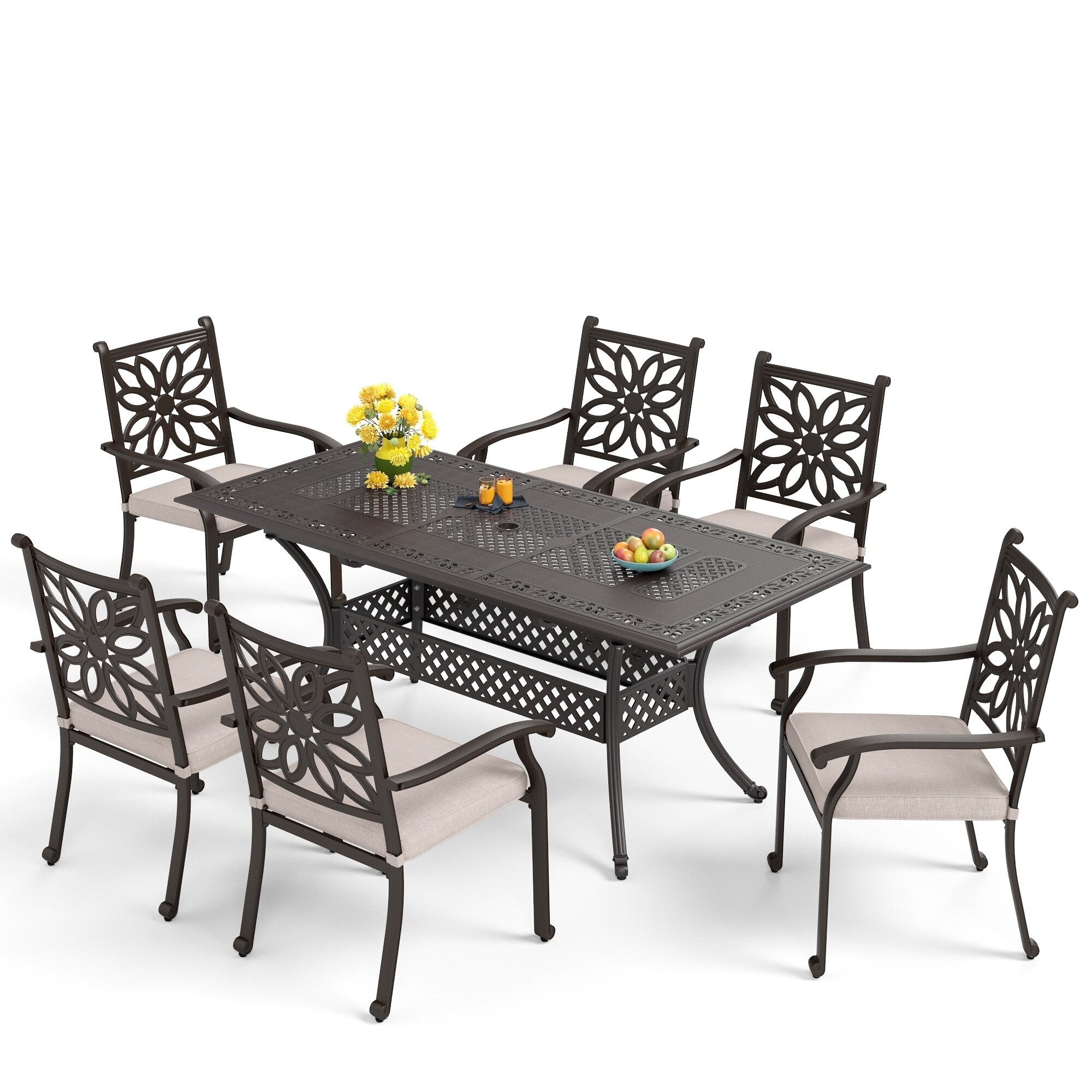 Ensemble de salle à manger de patio en aluminium moulé de 7 pièces de MAISON ARTS avec table rectangulaire extensible et 6 chaises en aluminium moulé