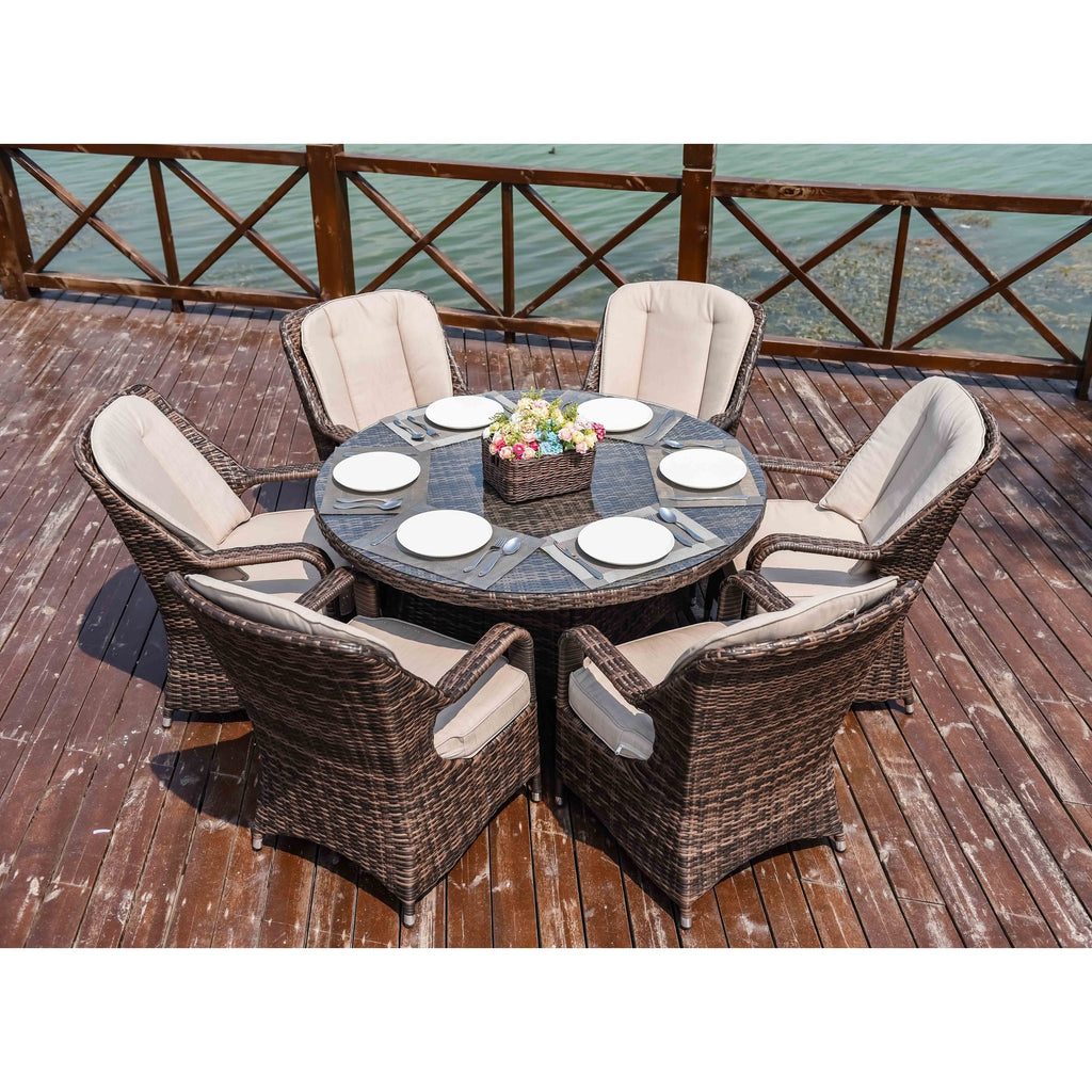 Ensemble de salle à manger rond en rotin et osier pour patio extérieur 7 pièces avec coussins par Moda Furnishings