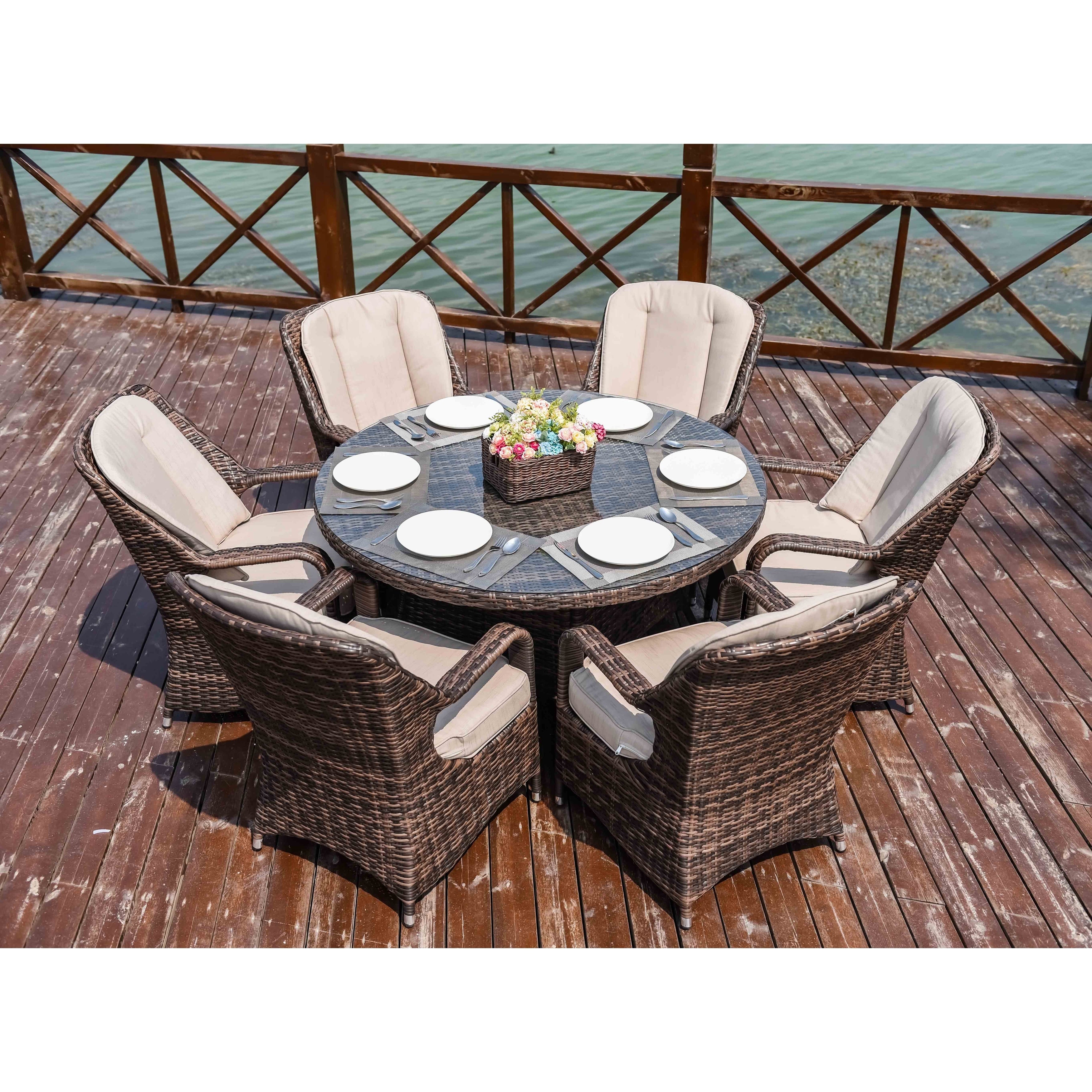 Ensemble de salle à manger rond en rotin et osier pour patio extérieur 7 pièces avec coussins par Moda Furnishings