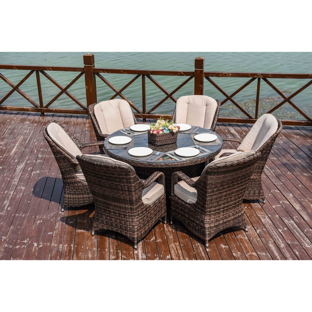 Ensemble de salle à manger rond en rotin et osier pour patio extérieur 7 pièces avec coussins par Moda Furnishings