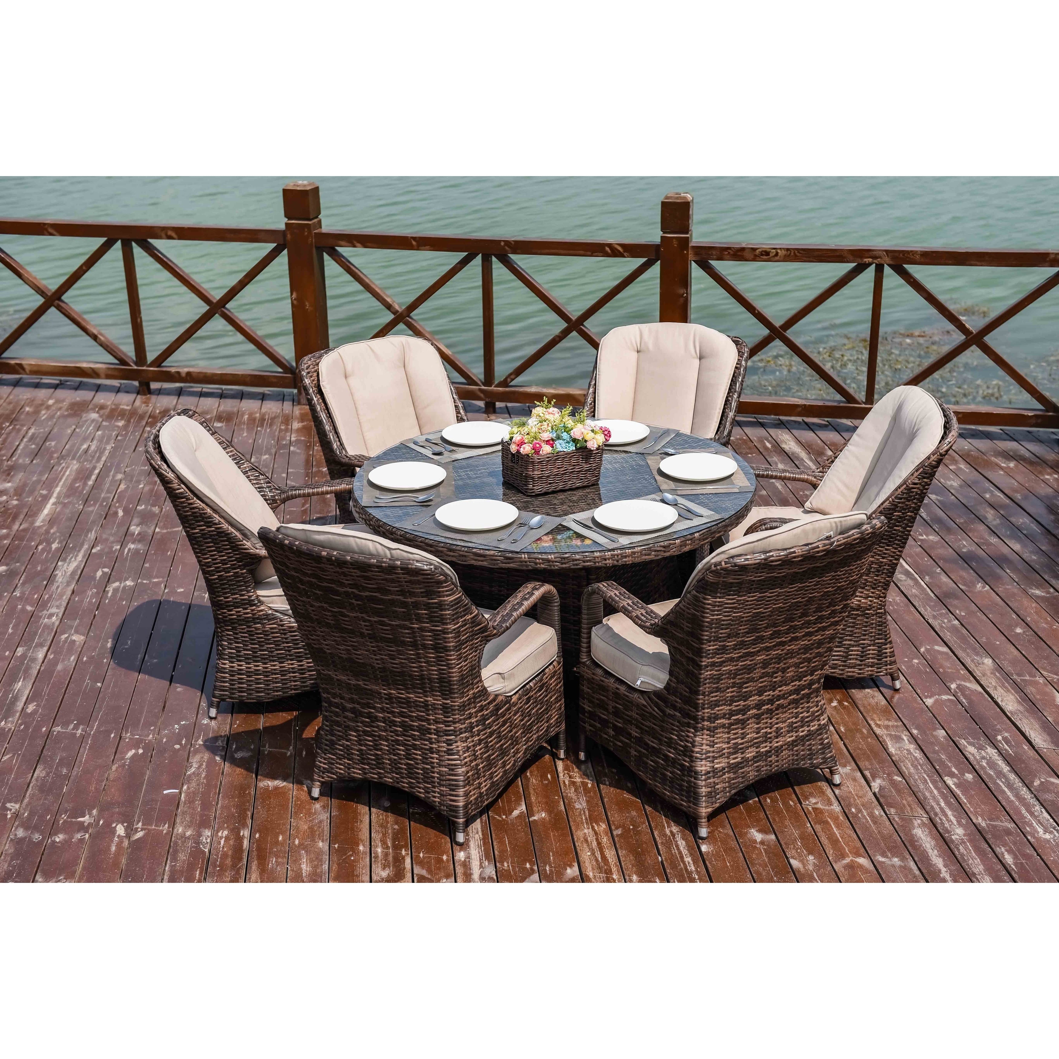 Ensemble de salle à manger rond en rotin et osier pour patio extérieur 7 pièces avec coussins par Moda Furnishings