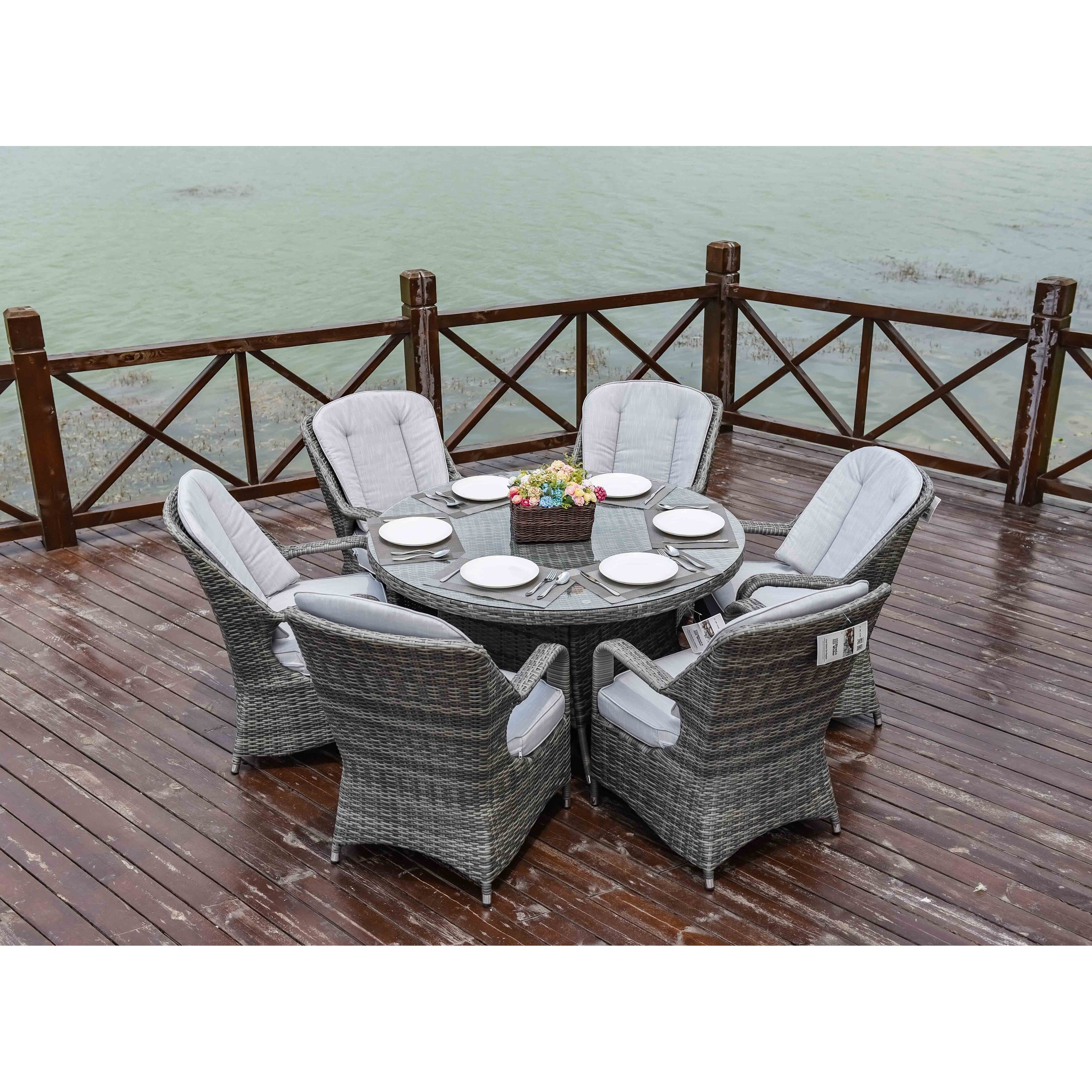 Ensemble de salle à manger rond en rotin et osier pour patio extérieur 7 pièces avec coussins par Moda Furnishings