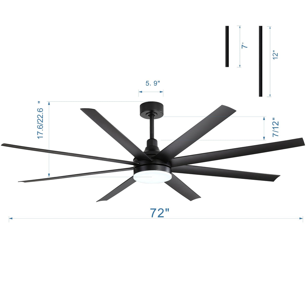 Grand ventilateur de plafond de 72 pouces avec télécommande et éclairage LED - 8 pales