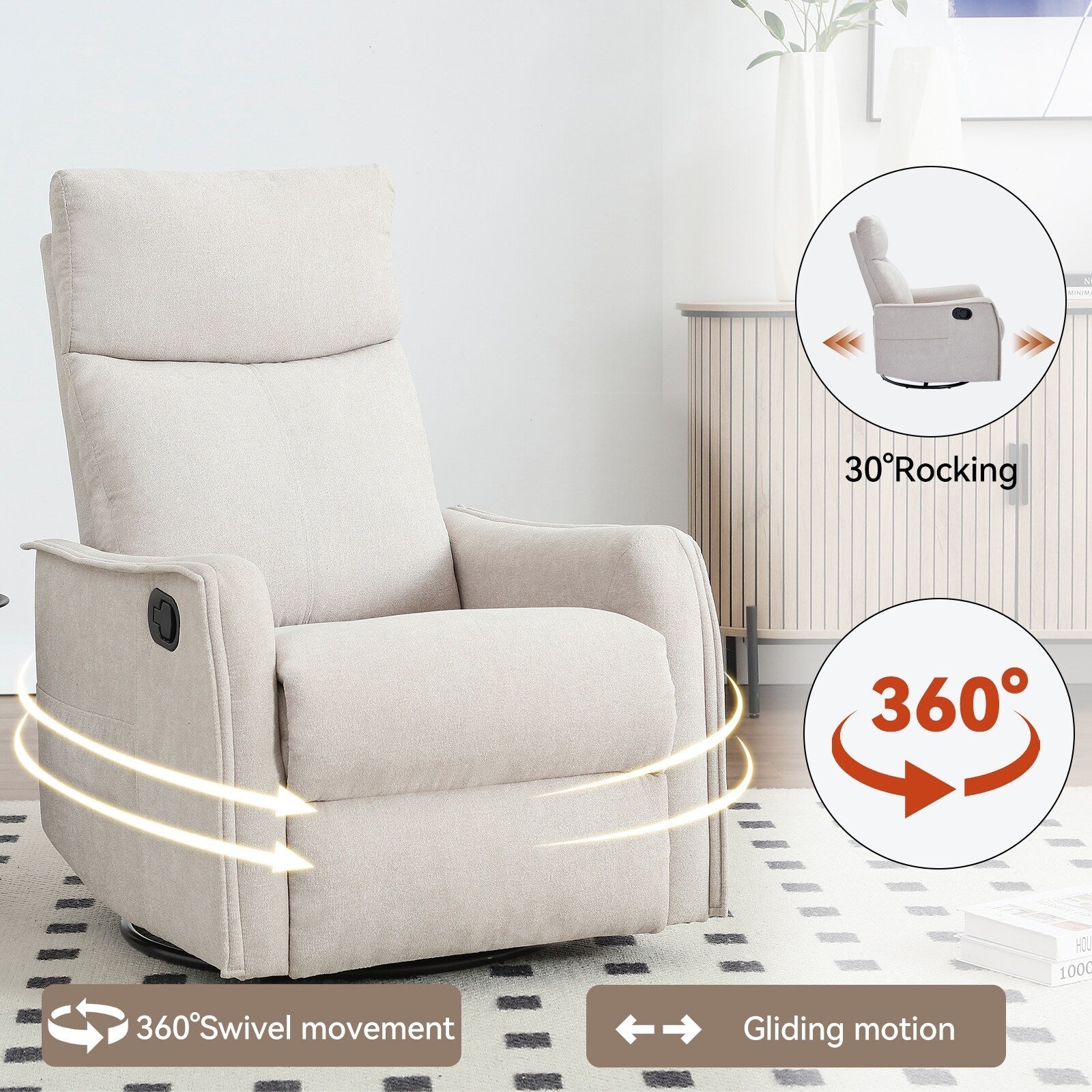 Fauteuil inclinable manuel à 8 points de massage, fauteuil à bascule pivotant en tissu, fauteuil simple avec bascule et chauffage lombaire