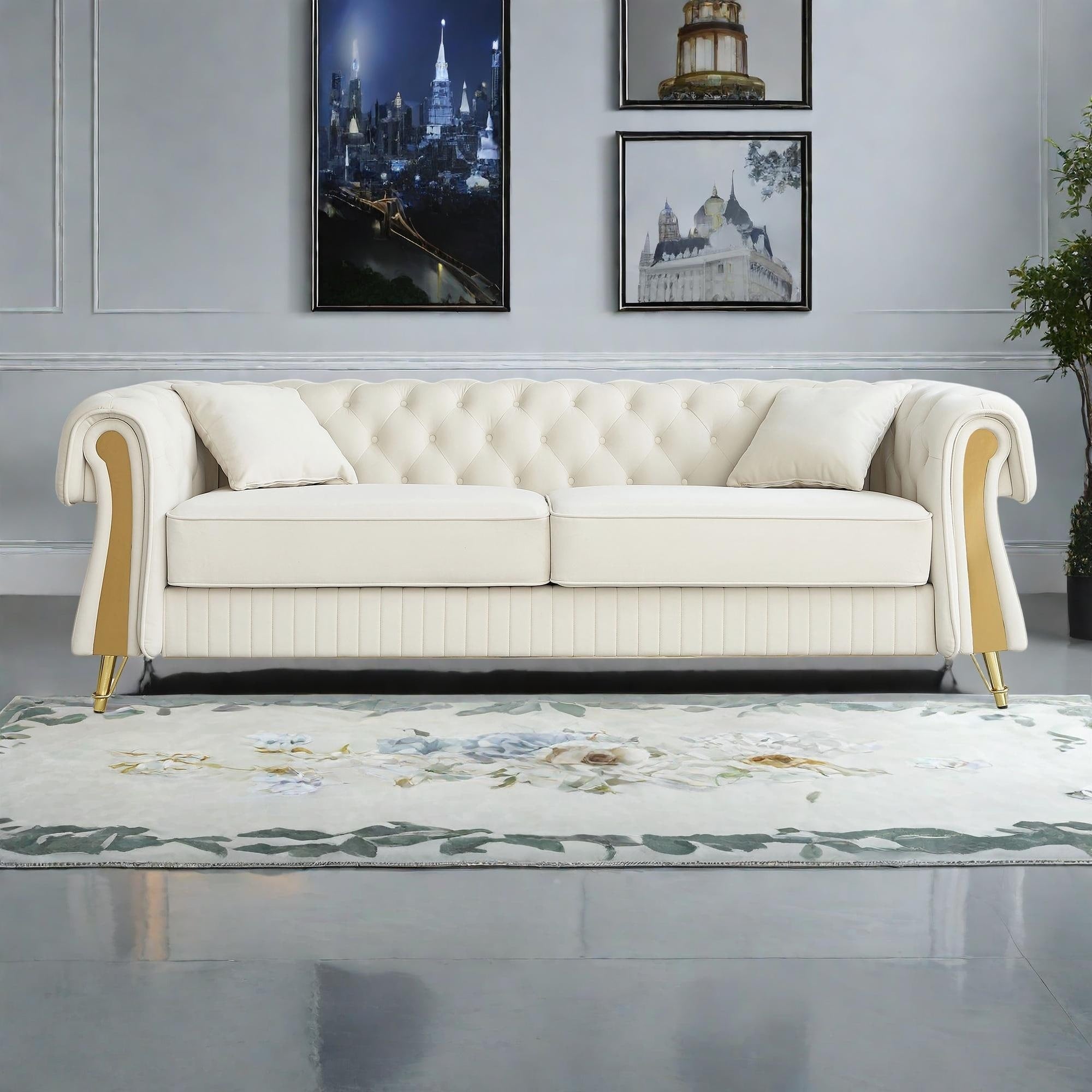 Canapé 3 places en velours 89 avec deux coussins d'assise et deux coussins décoratifs