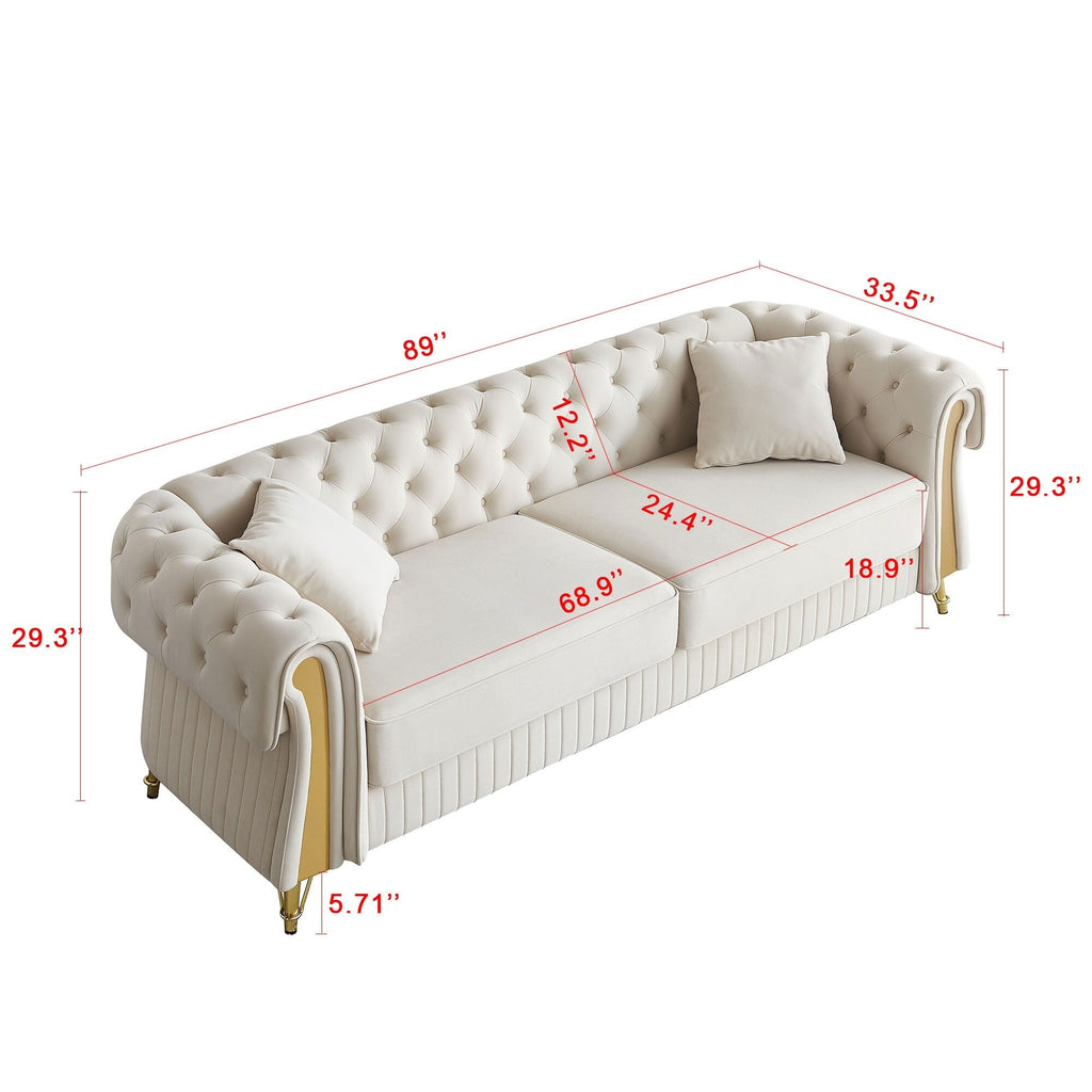 Canapé 3 places en velours 89 avec deux coussins d'assise et deux coussins décoratifs