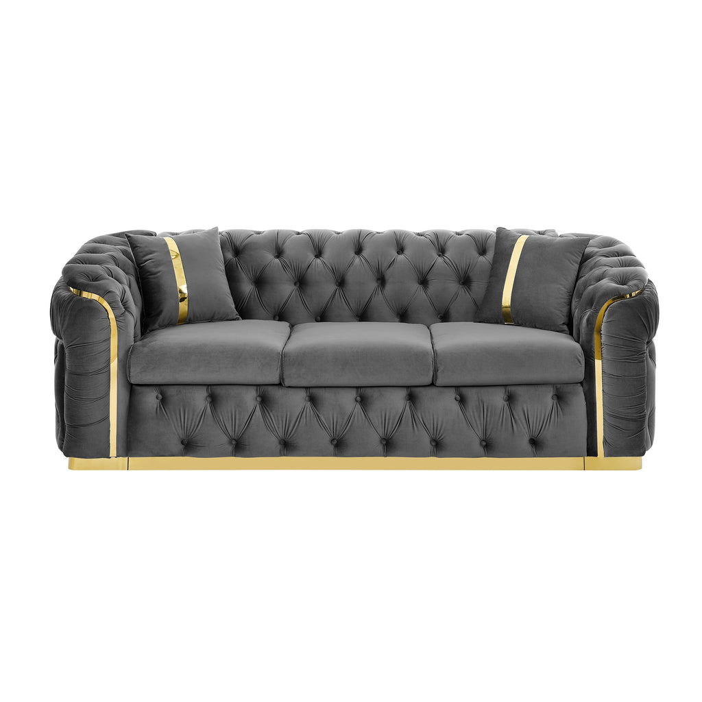 Canapé 3 places en velours 90,6 avec 2 coussins haute densité, touches dorées et coussins