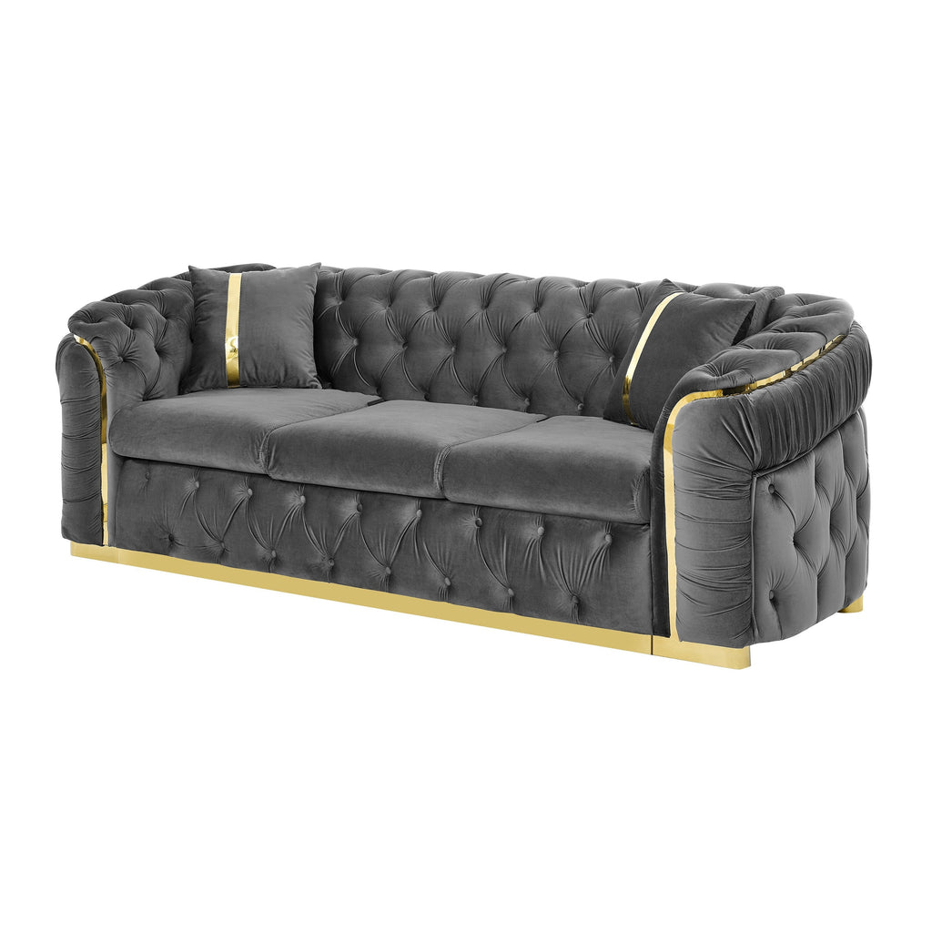 Canapé 3 places en velours 90,6 avec 2 coussins haute densité, touches dorées et coussins