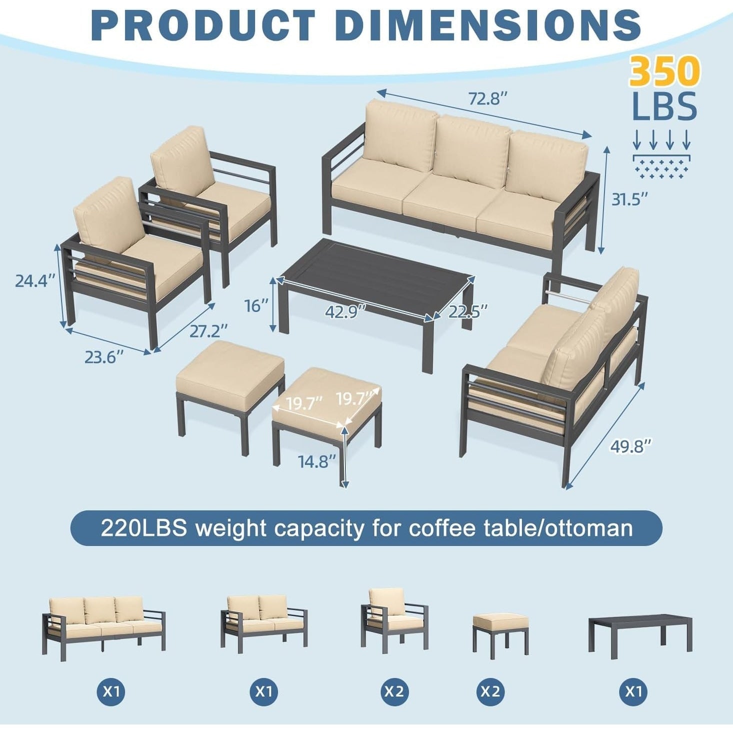 Ensemble de meubles de patio en aluminium AECOJOY 7 pièces Ensemble de conversation d'extérieur