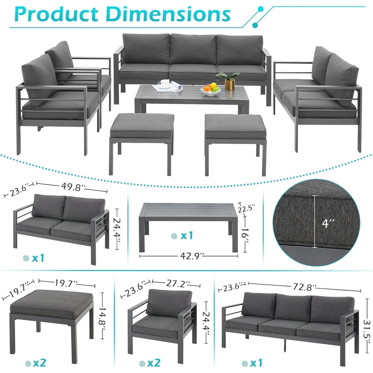 Ensemble de meubles de patio en aluminium AECOJOY 7 pièces Ensemble de conversation d'extérieur