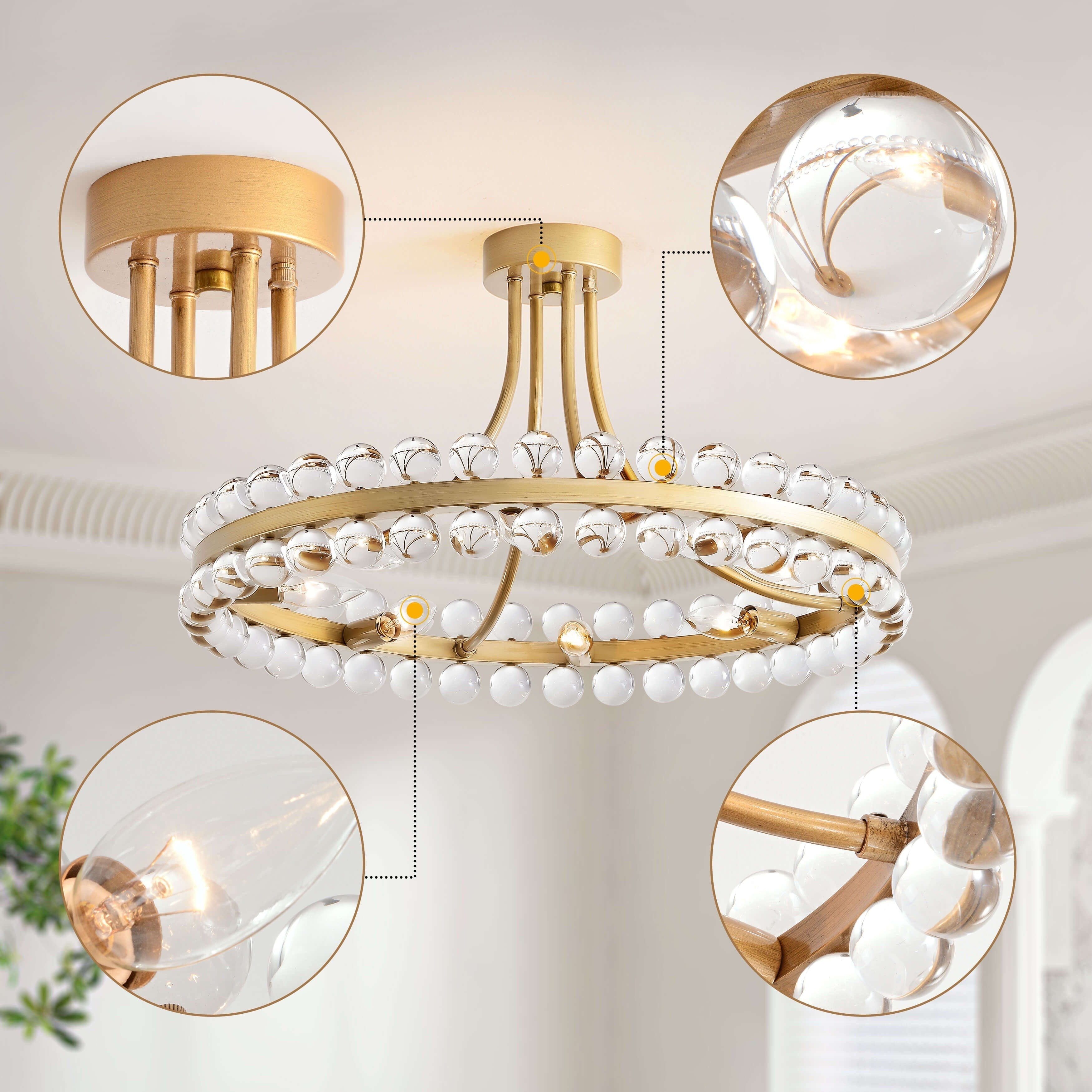 Plafonnier semi-encastré en cristal Elvira à 8 lumières, forme de roue de chariot