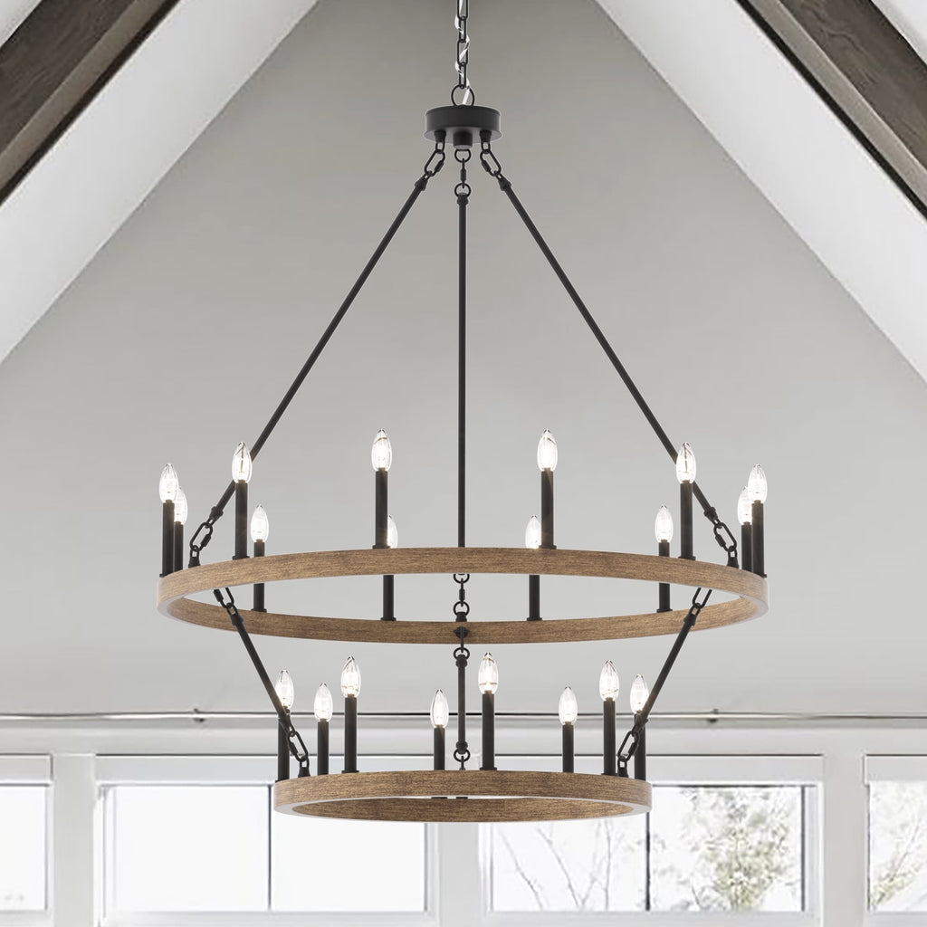 Lustre rond en forme de roue de chariot de style ferme moderne Acroma à 20 lumières de 40 po avec UL