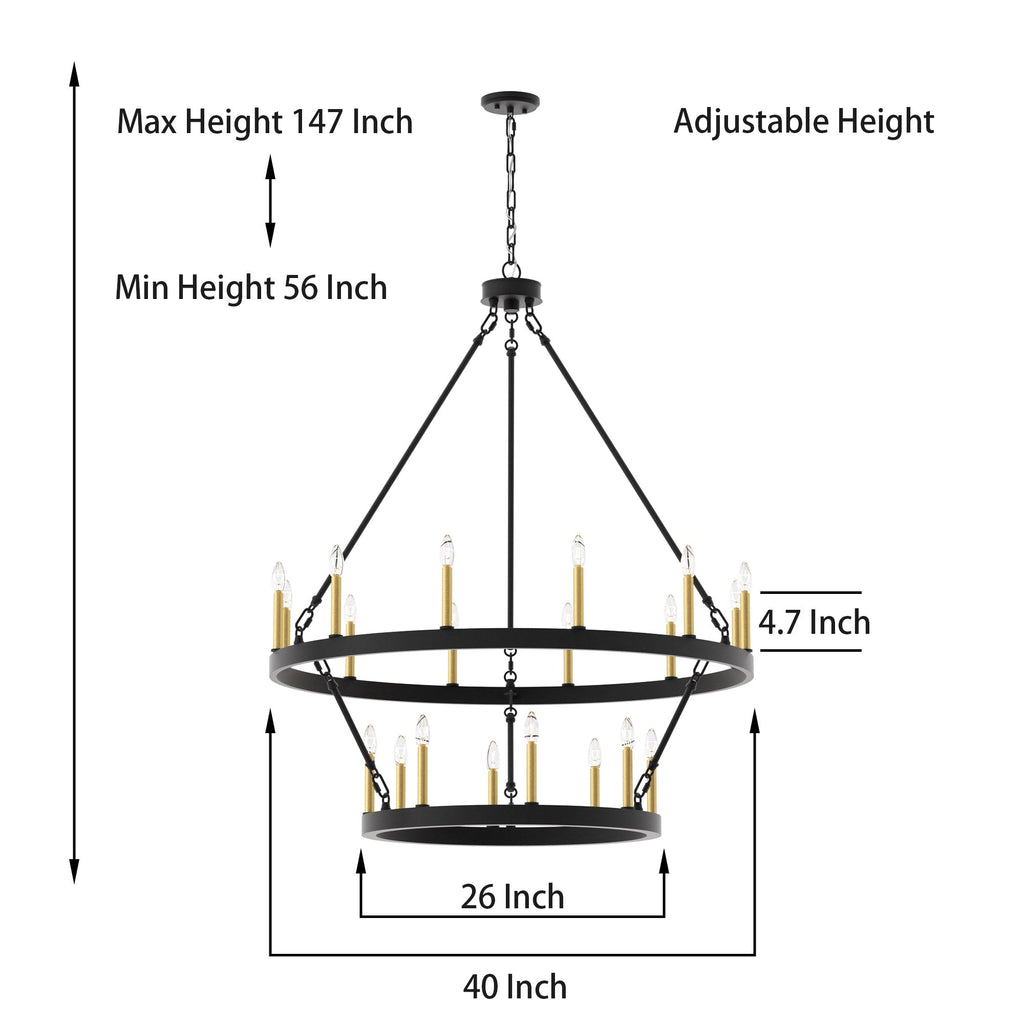 Lustre rond en forme de roue de chariot de style ferme moderne Acroma à 20 lumières de 40 po avec UL