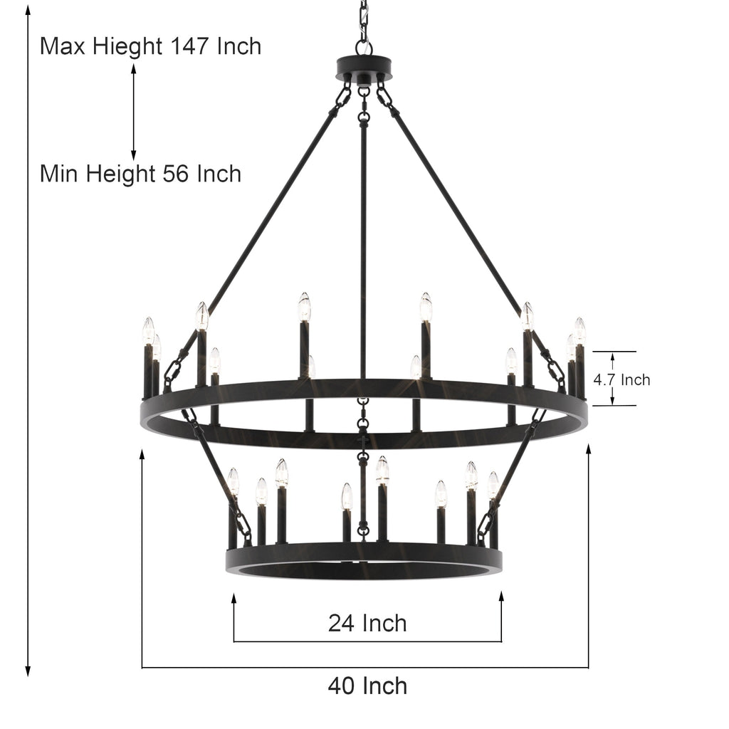 Lustre rond en forme de roue de chariot de style ferme moderne Acroma à 20 lumières de 40 po avec UL