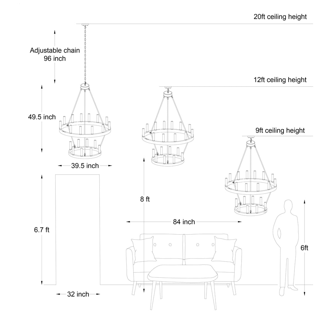 Lustre rond en forme de roue de chariot de style ferme moderne Acroma à 20 lumières de 40 po avec UL