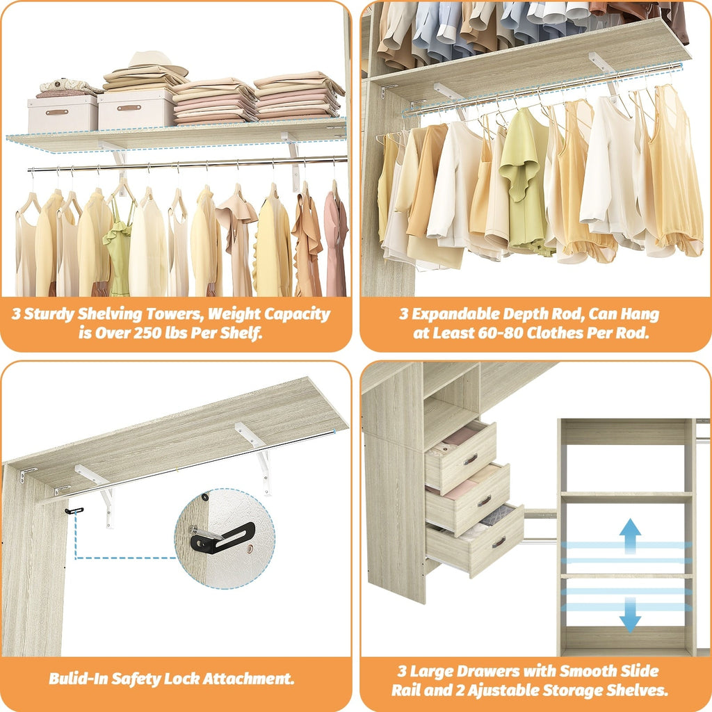 Rackcog Organiseur de placard réglable de 120 pouces avec tiroirs, système de placard avec étagères de bricolage pour placards et dressings