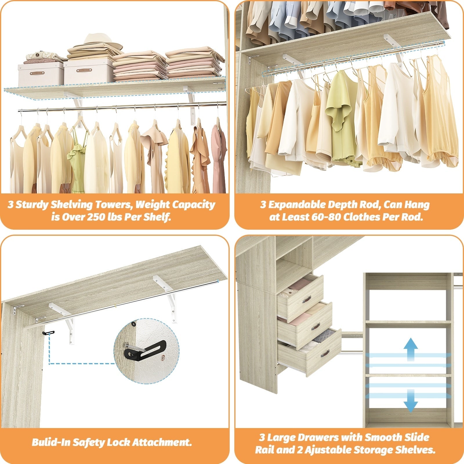 Rackcog Organiseur de placard réglable de 120 pouces avec tiroirs, système de placard avec étagères de bricolage pour placards et dressings