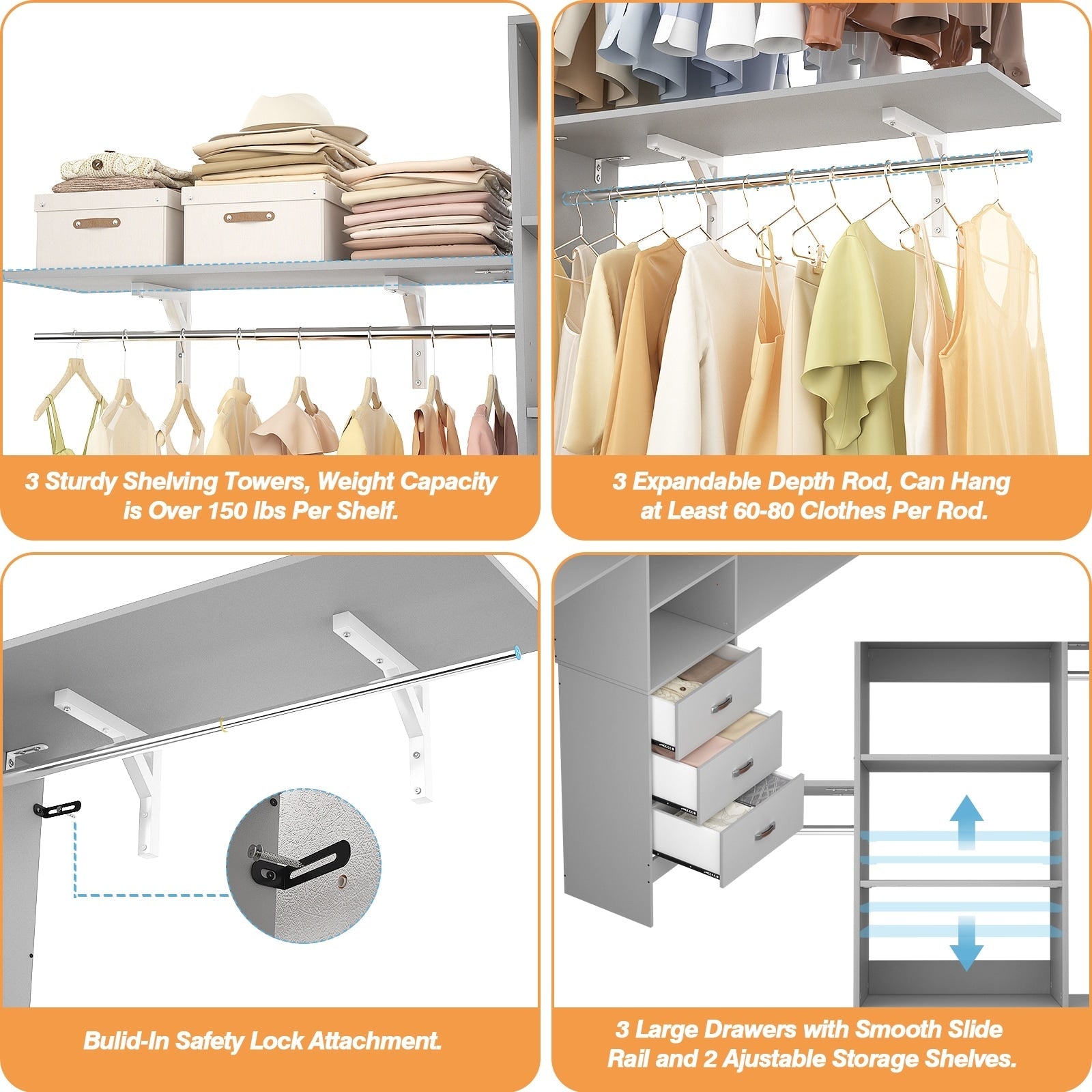 Rackcog Organiseur de placard réglable de 120 pouces avec tiroirs, système de placard avec étagères de bricolage pour placards et dressings