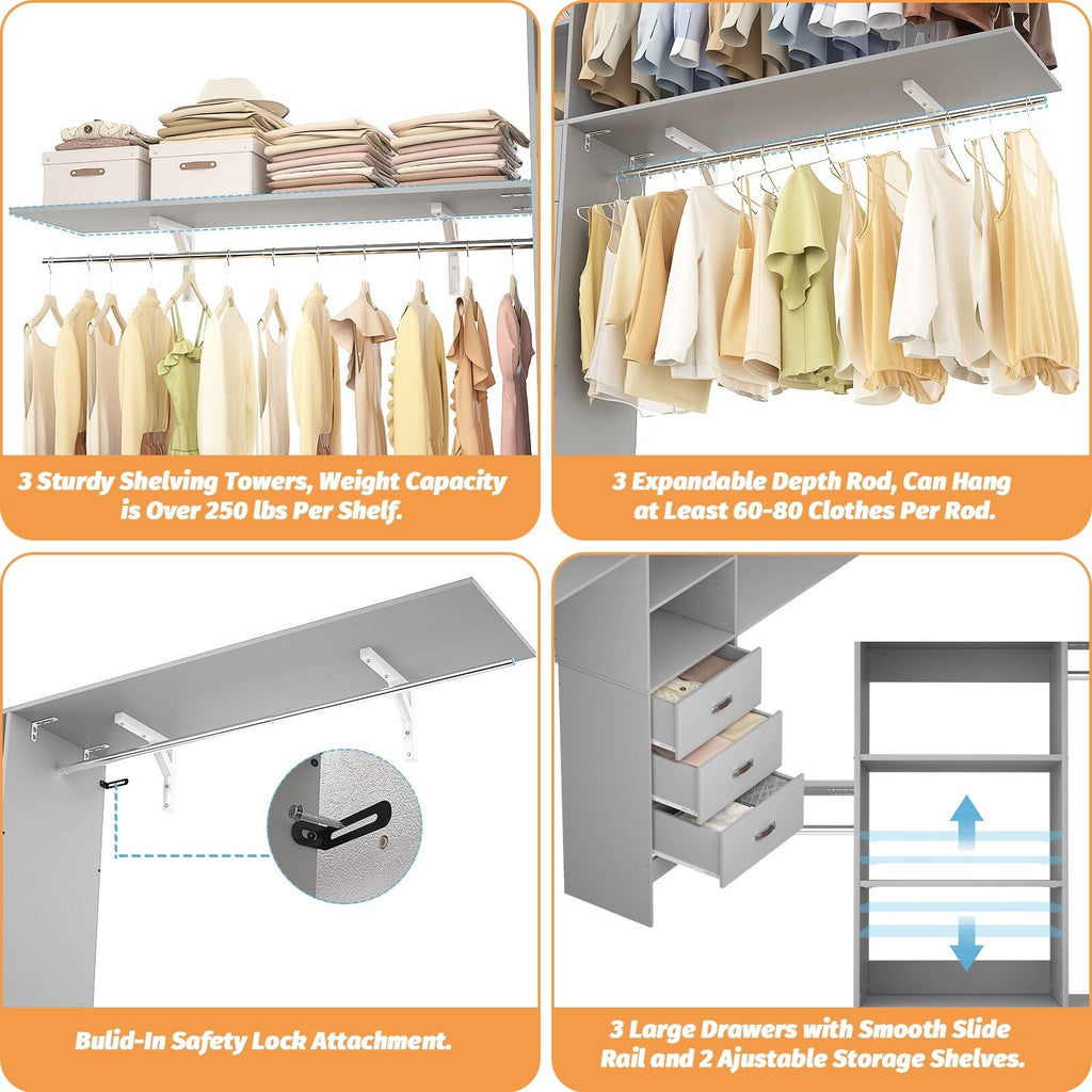 Rackcog Organiseur de placard réglable de 120 pouces avec tiroirs, système de placard avec étagères de bricolage pour placards et dressings