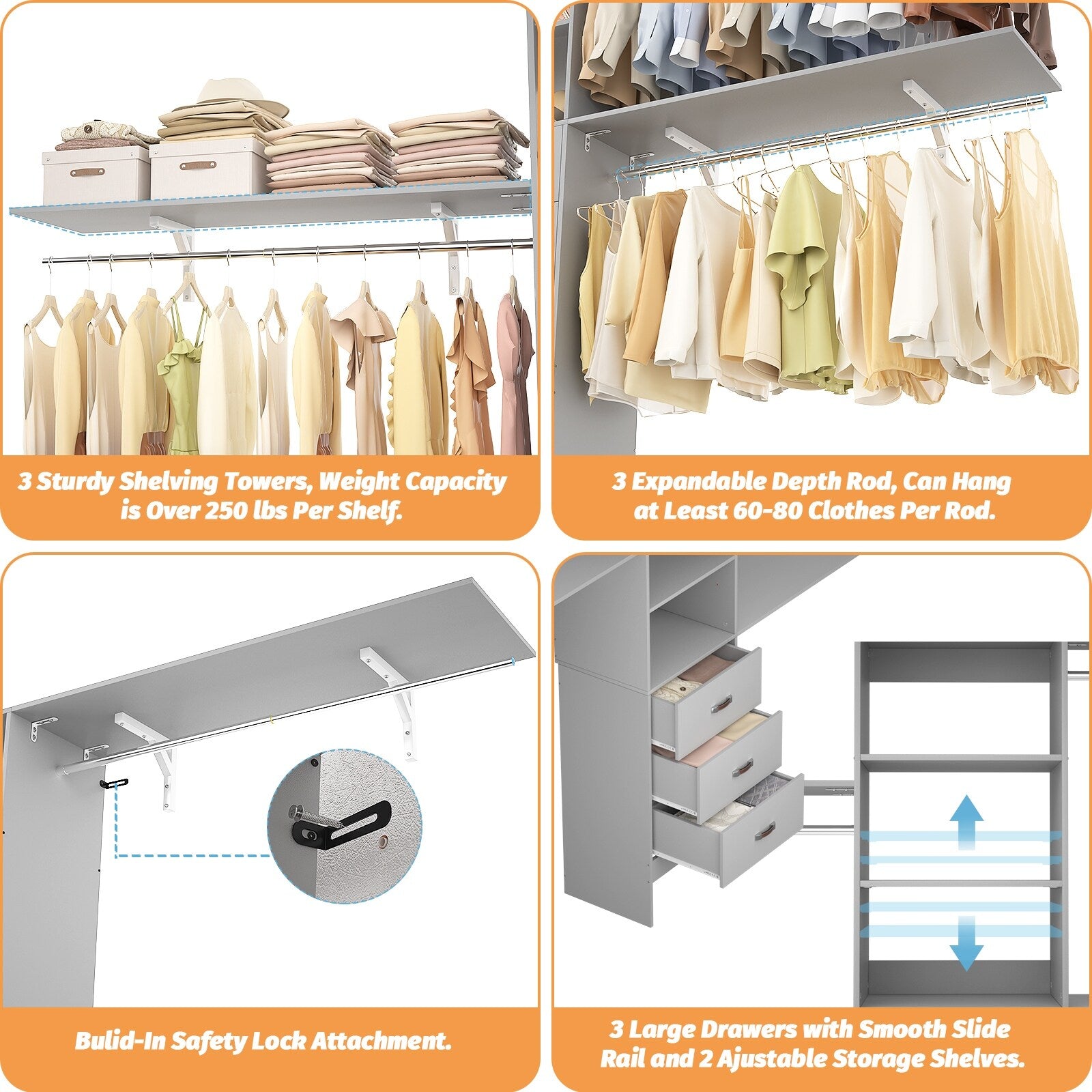 Rackcog Organiseur de placard réglable de 120 pouces avec tiroirs, système de placard avec étagères de bricolage pour placards et dressings