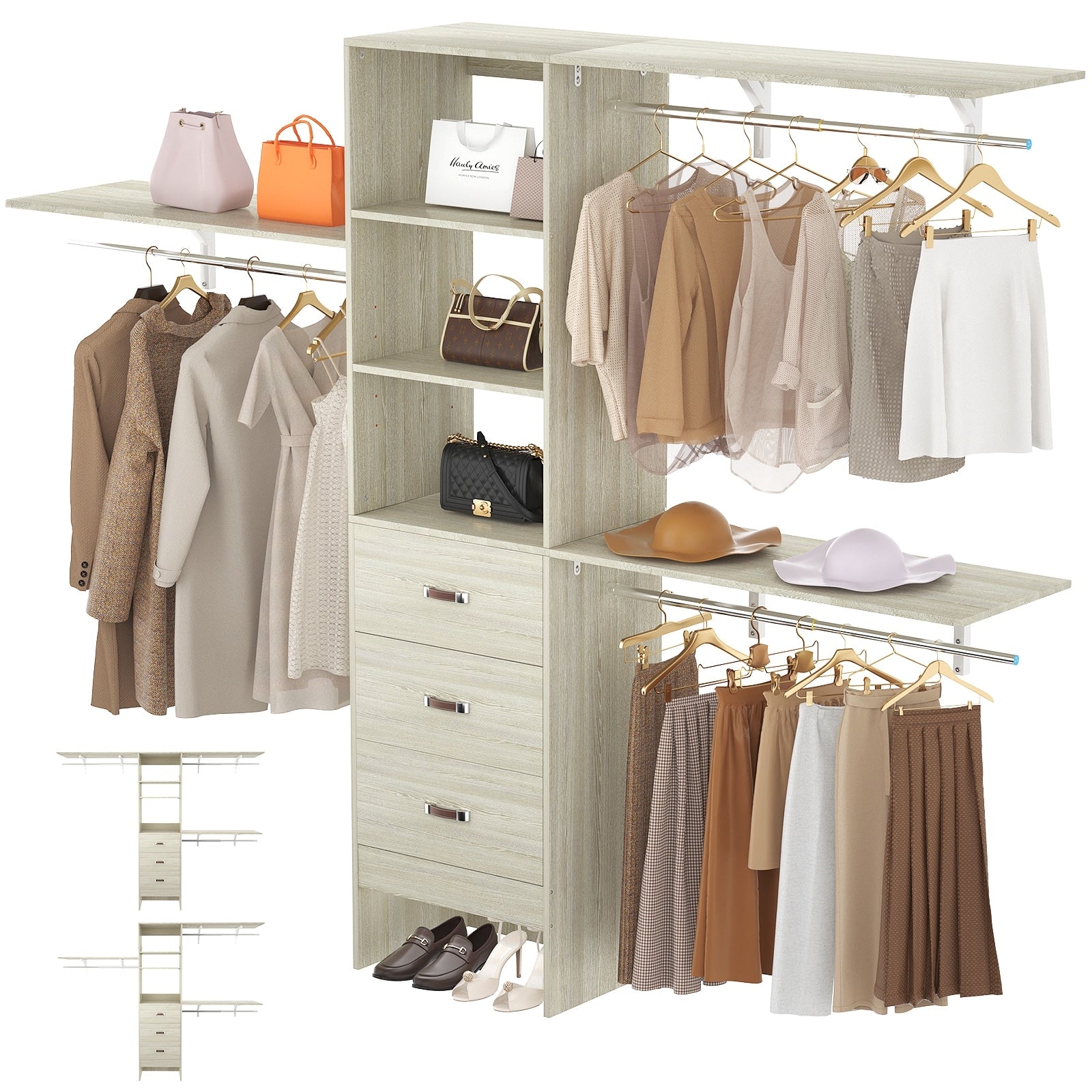 Rackcog Organiseur de placard réglable de 120 pouces avec tiroirs, système de placard avec étagères de bricolage pour placards et dressings