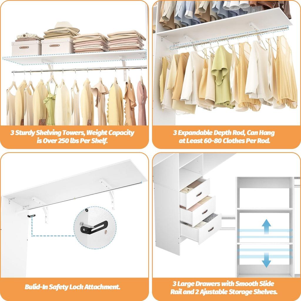 Rackcog Organiseur de placard réglable de 120 pouces avec tiroirs, système de placard avec étagères de bricolage pour placards et dressings