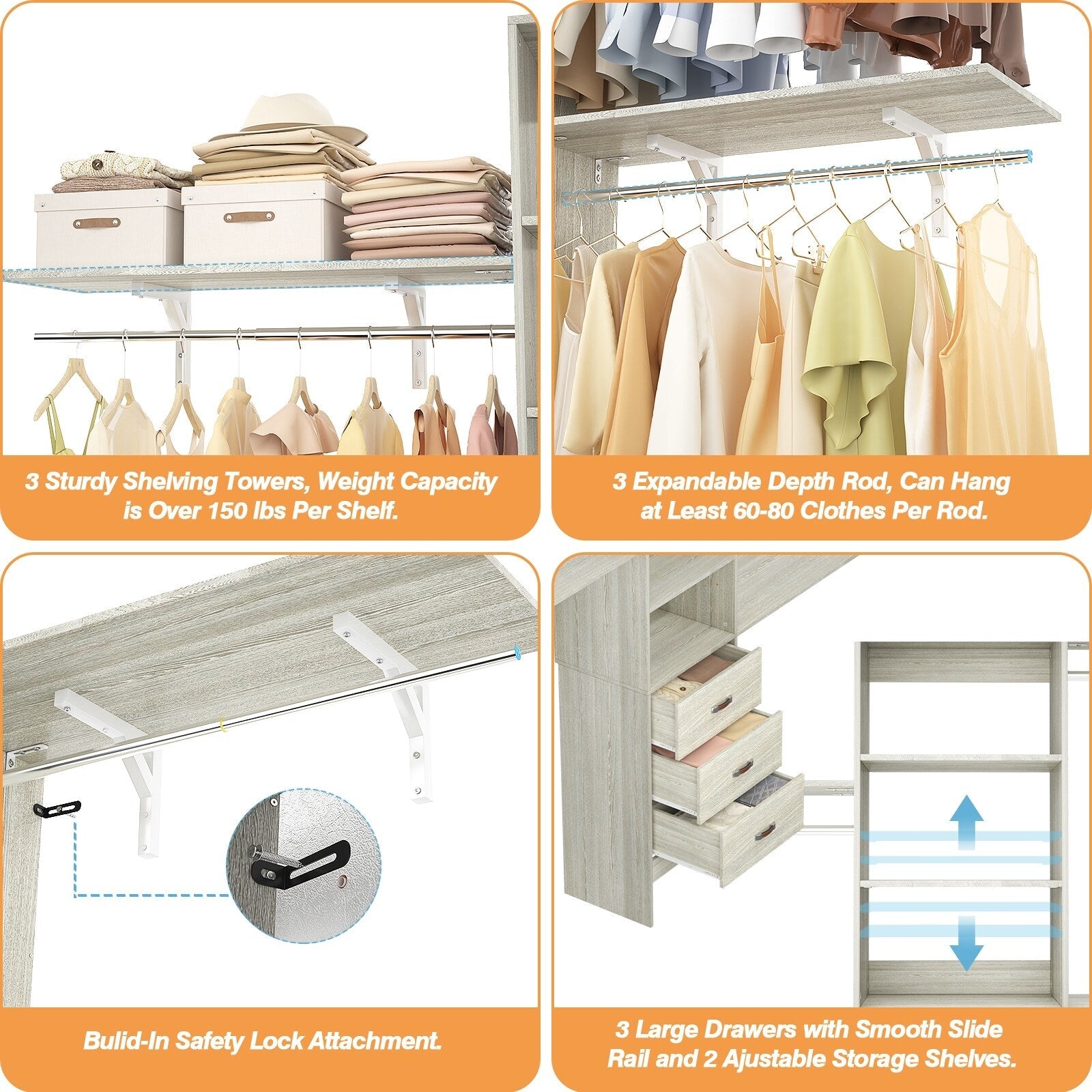 Rackcog Organiseur de placard réglable de 120 pouces avec tiroirs, système de placard avec étagères de bricolage pour placards et dressings
