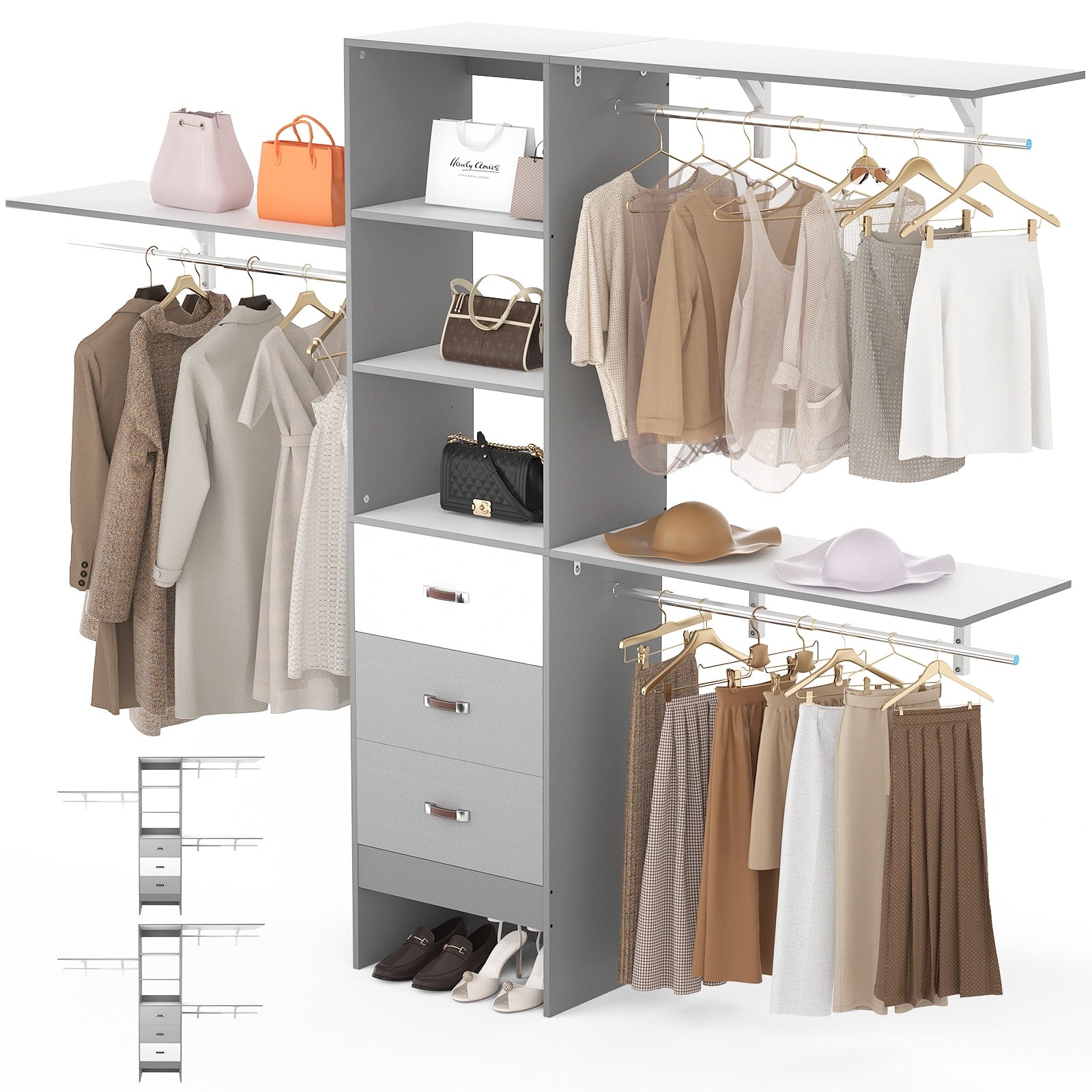 Rackcog Organiseur de placard réglable de 120 pouces avec tiroirs, système de placard avec étagères de bricolage pour placards et dressings