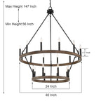 Lustre rond en forme de roue de chariot de style ferme moderne Acroma à 20 lumières de 40 po avec UL