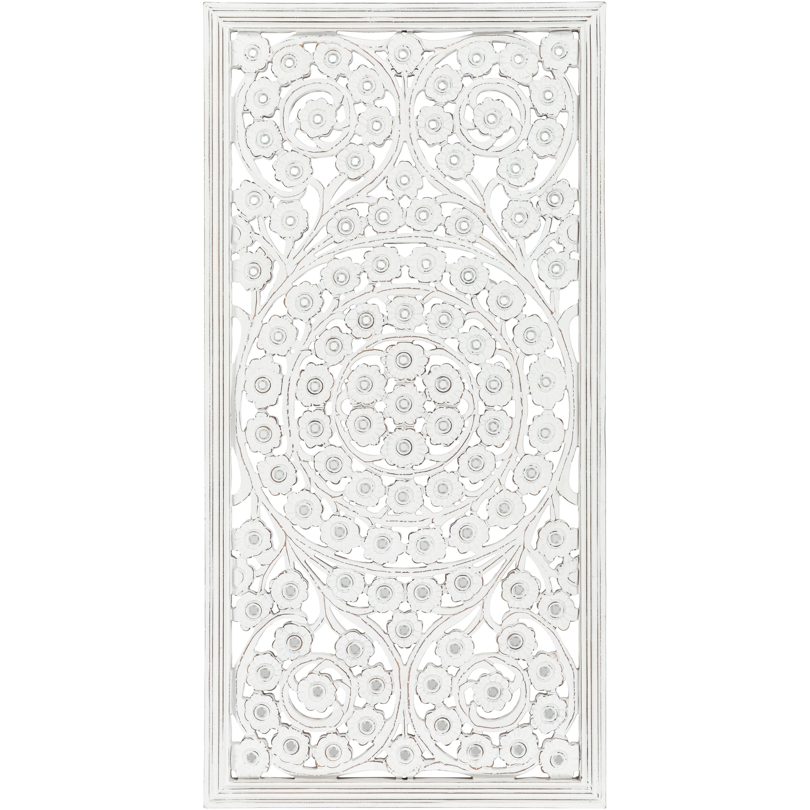 Panneau mural Allen blanc lavé sculpté à la main 48 x 28 pouces avec incrustation de miroir