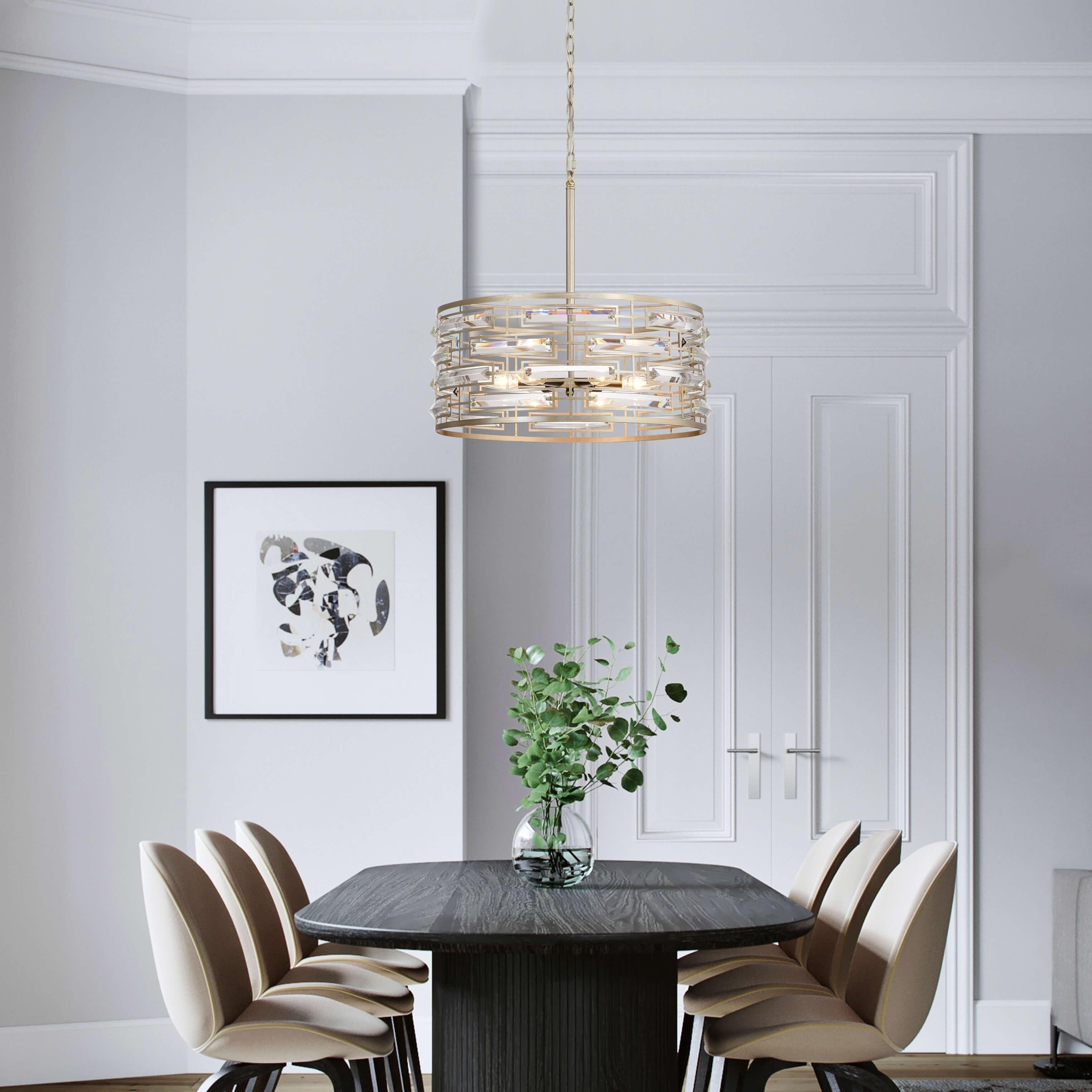 Lustre à abat-jour tambour Anita avec prisme en verre transparent