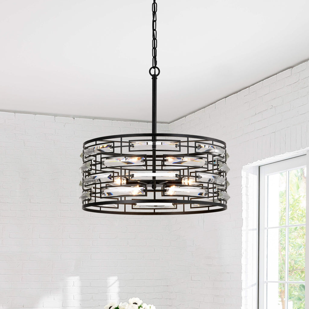 Lustre à abat-jour tambour Anita avec prisme en verre transparent