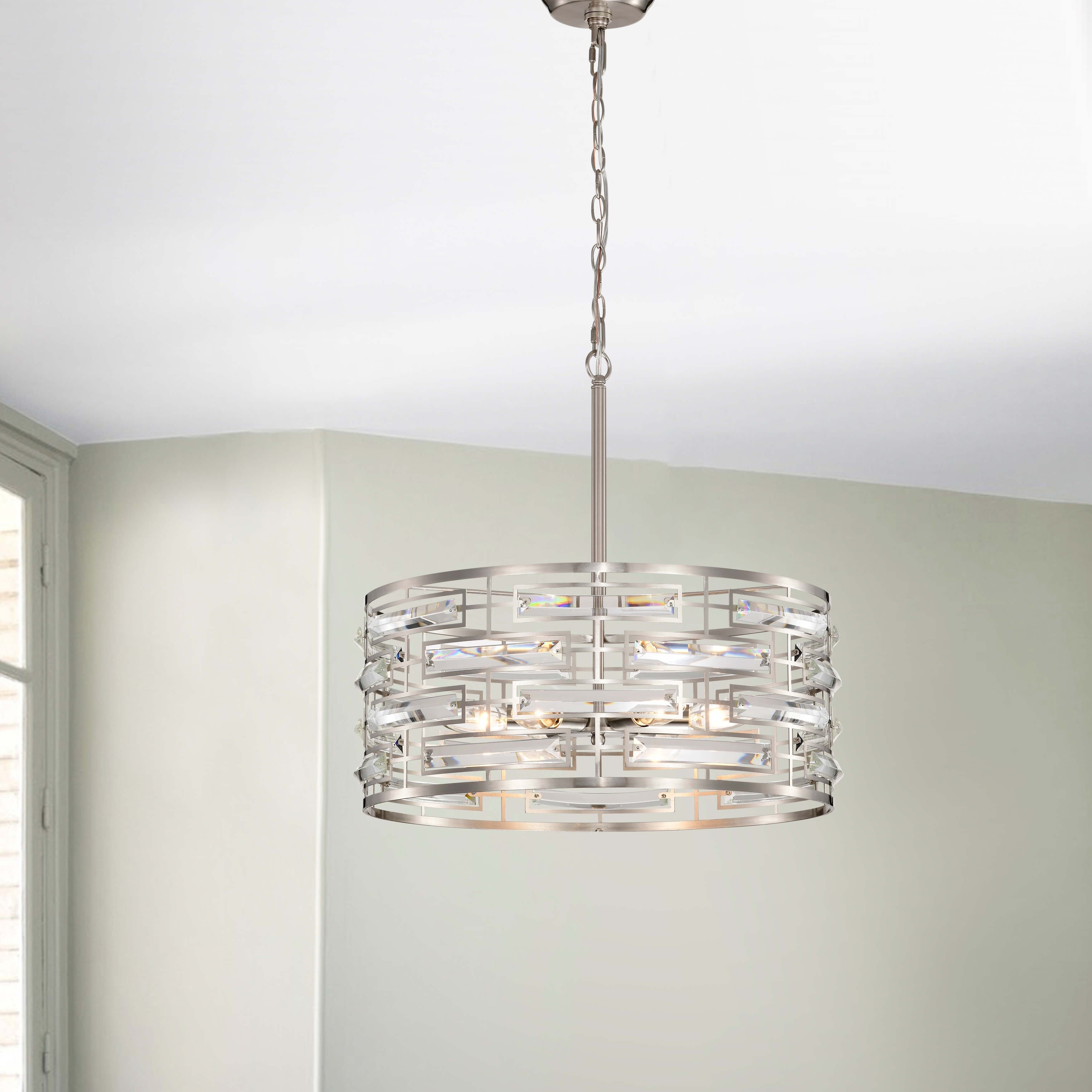 Lustre à abat-jour tambour Anita avec prisme en verre transparent