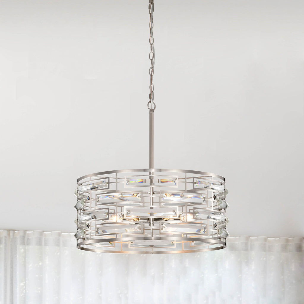Lustre à abat-jour tambour Anita avec prisme en verre transparent