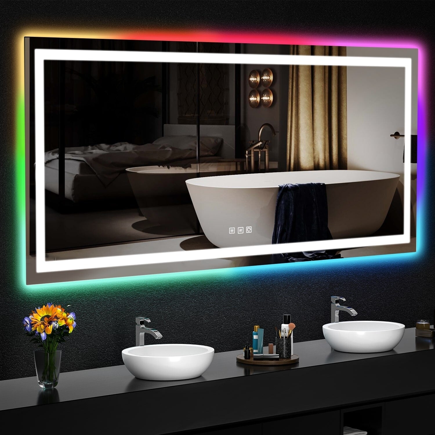 Miroir de salle de bain antibuée rétroéclairé RVB et à éclairage frontal LED