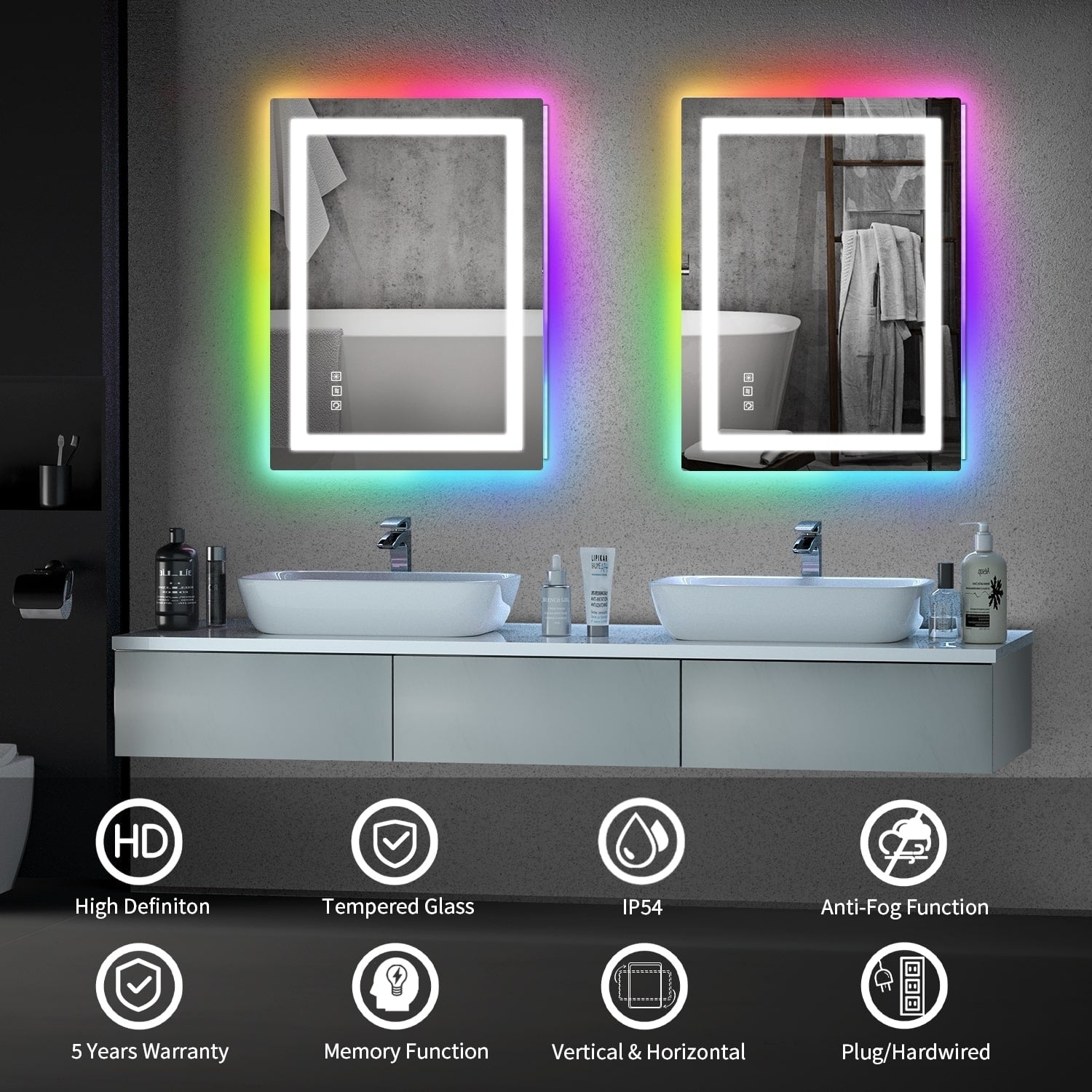Miroir de salle de bain antibuée rétroéclairé RVB et à éclairage frontal LED