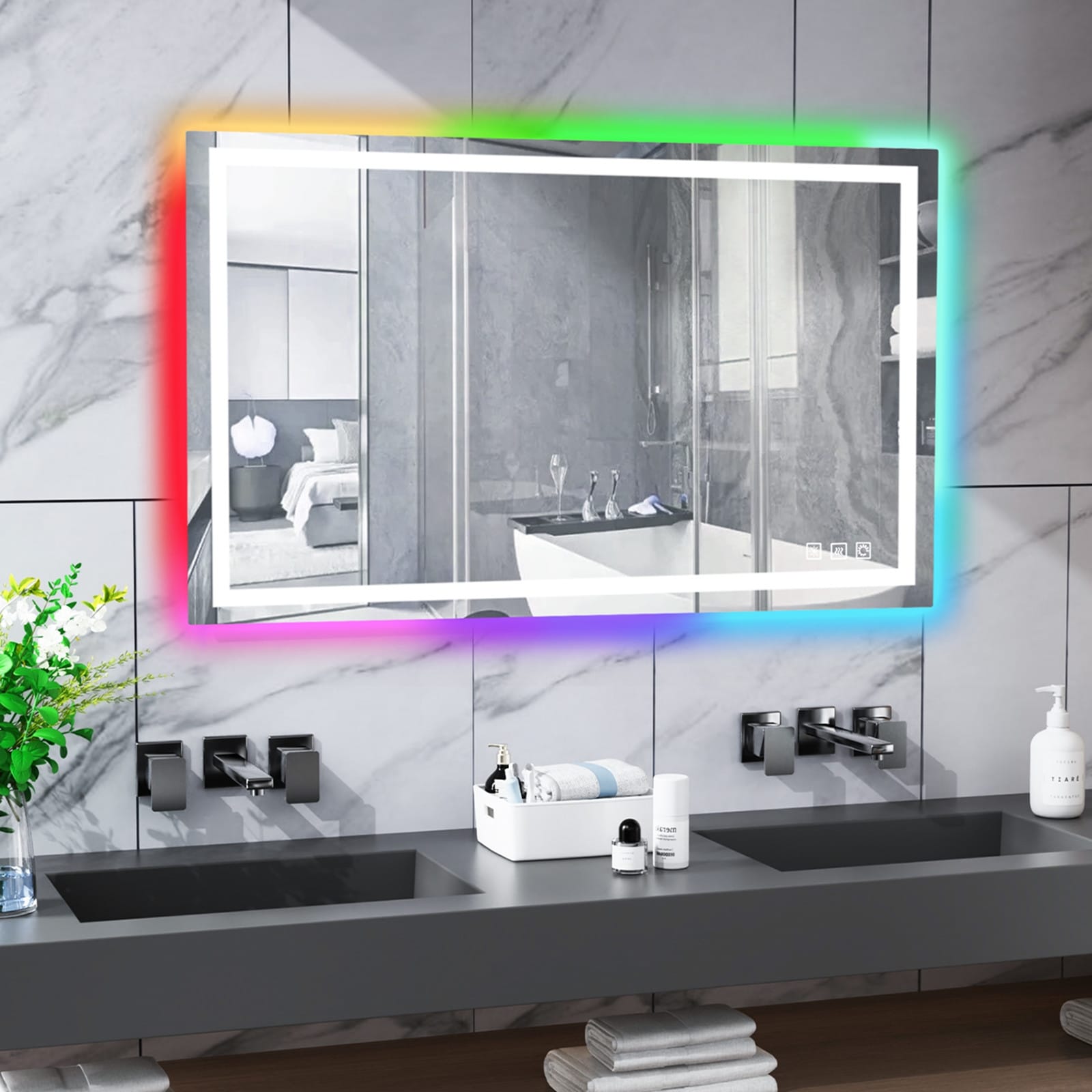 Miroir de salle de bain antibuée rétroéclairé RVB et à éclairage frontal LED