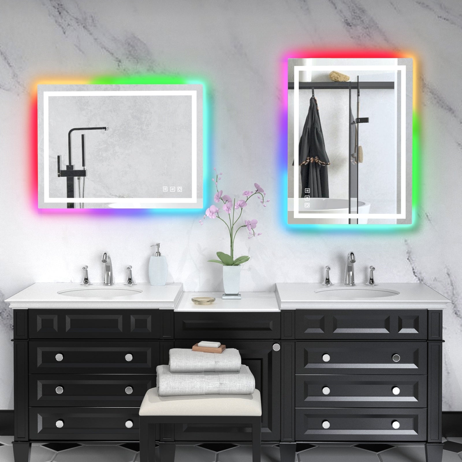 Miroir de salle de bain antibuée rétroéclairé RVB et à éclairage frontal LED