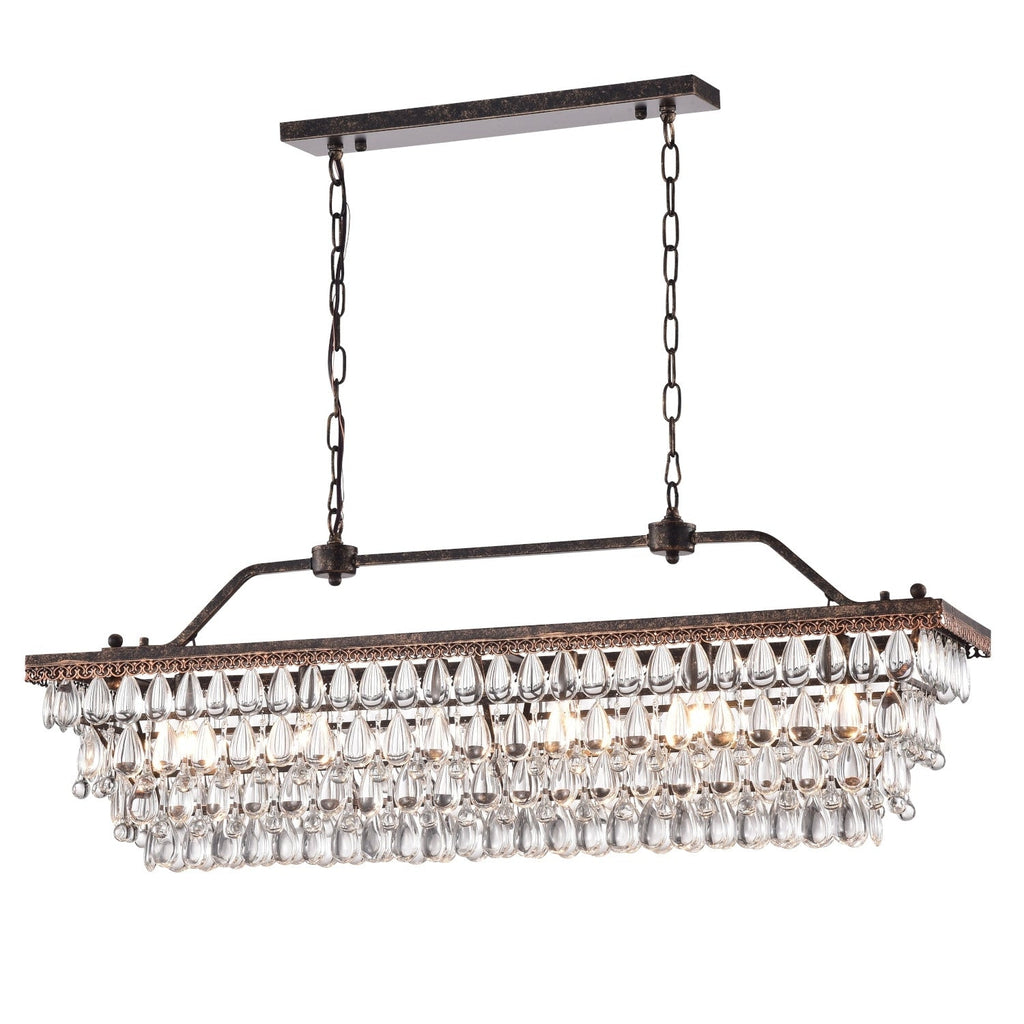Éclairage rectangulaire pour îlot de cuisine en bronze antique à 6 lumières avec suspension en cristal - Bronze antique