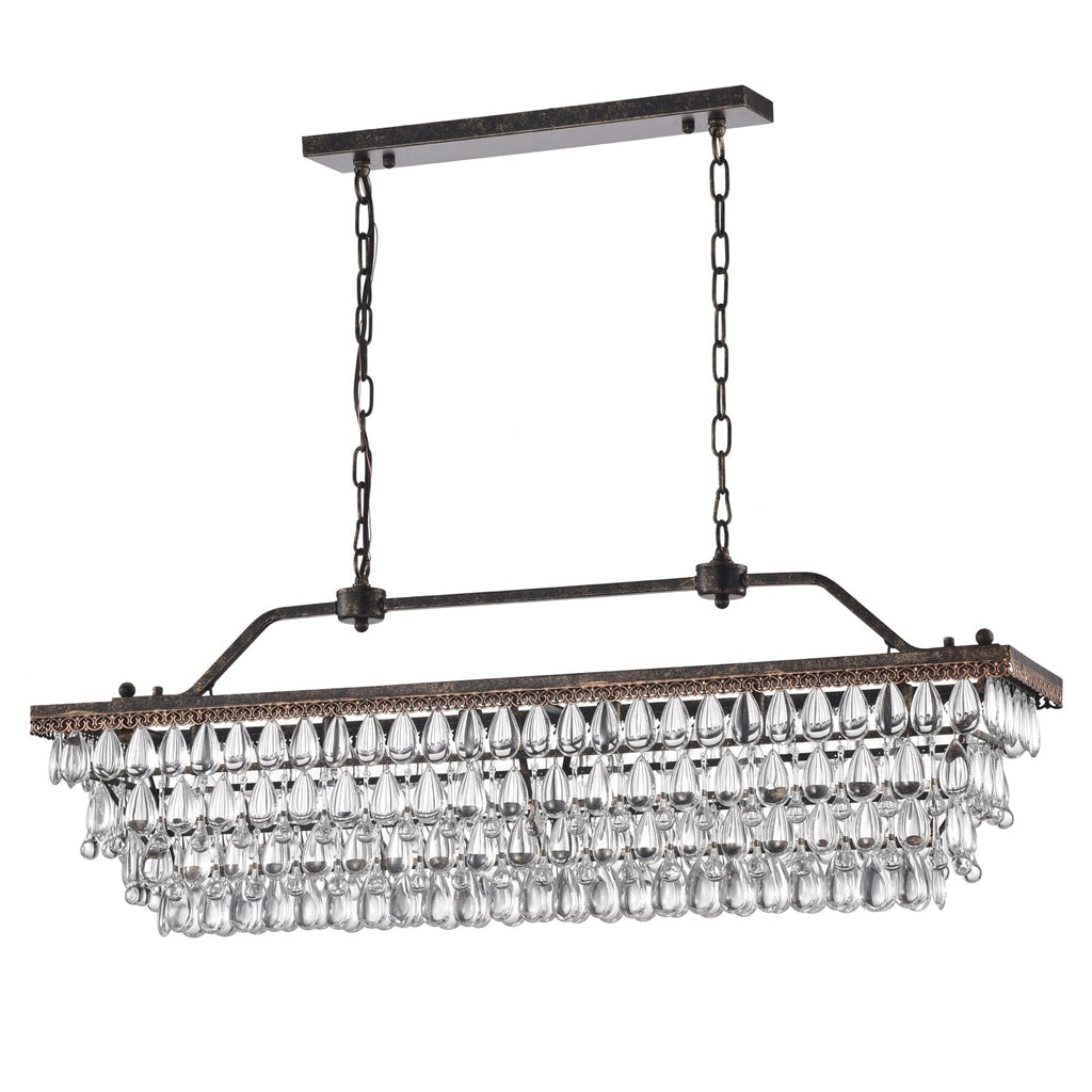 Éclairage rectangulaire pour îlot de cuisine en bronze antique à 6 lumières avec suspension en cristal - Bronze antique