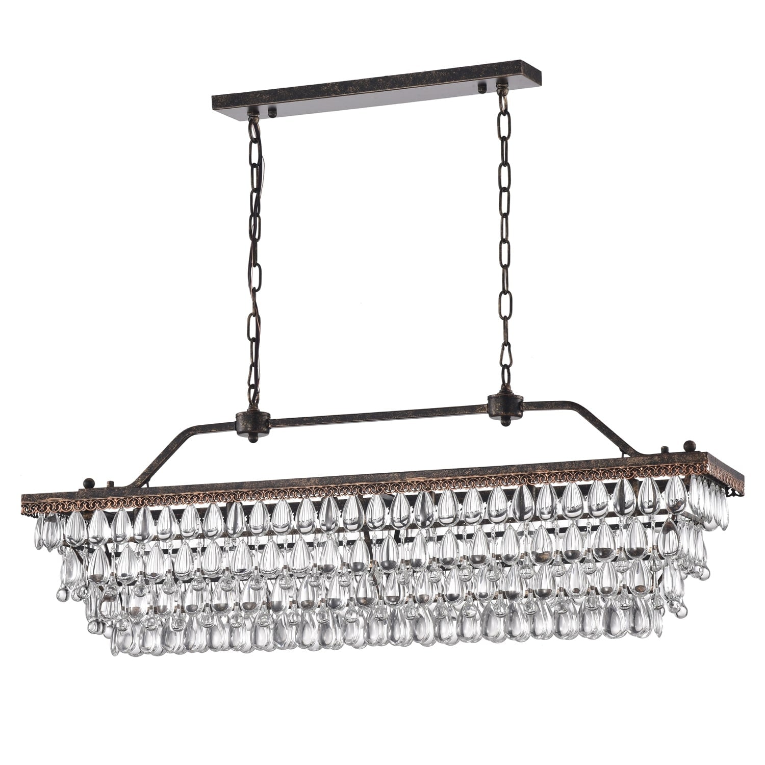 Éclairage rectangulaire pour îlot de cuisine en bronze antique à 6 lumières avec suspension en cristal - Bronze antique