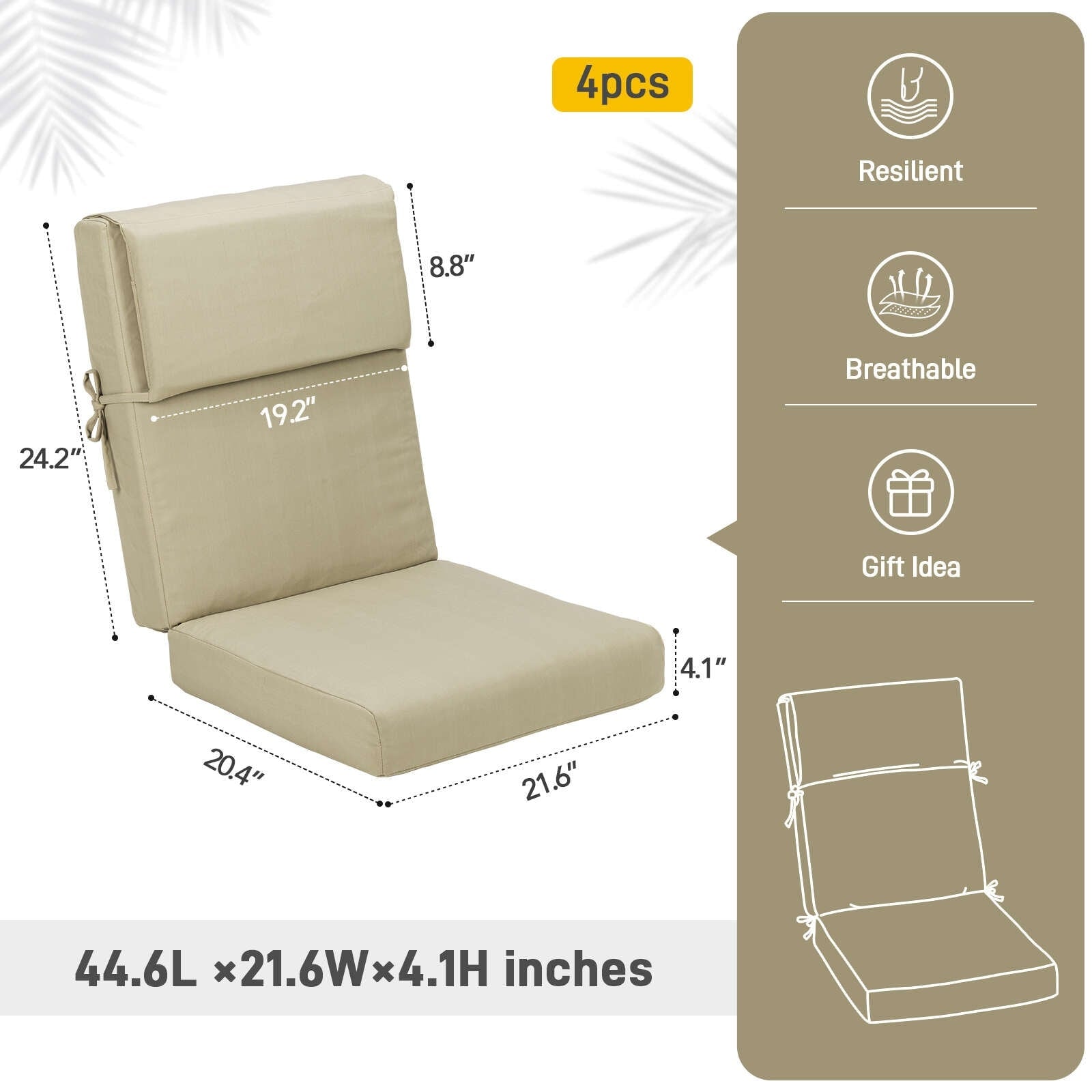 Lot de 4 coussins de chaise à dossier haut Aoodor Patio, 46 ​​x 21 x 4 pouces (coussins uniquement)