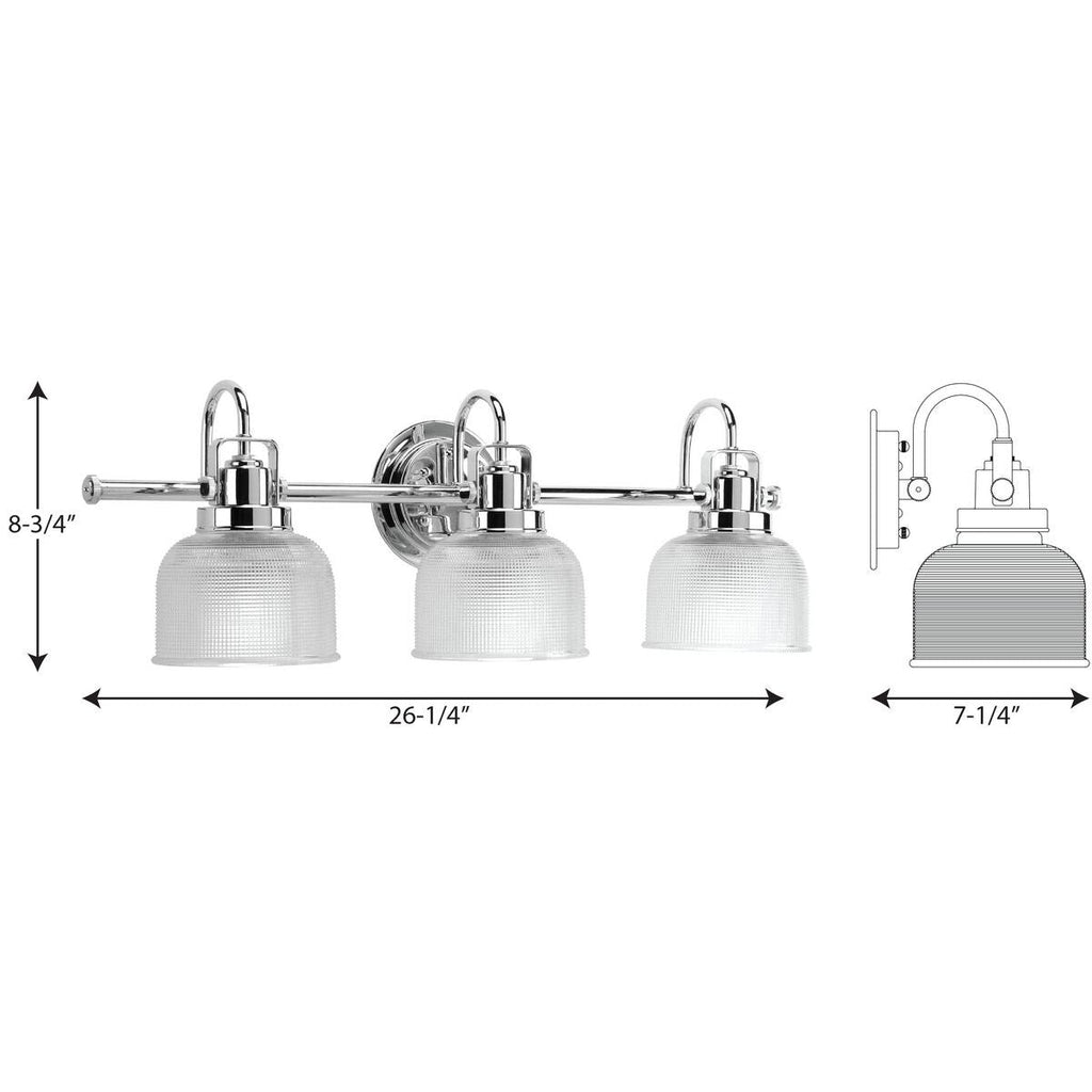 Luminaire de salle de bain côtier à trois lumières, collection Archie, en chrome poli, verre prismatique double transparent - 8,75 x 26,25 x 7,25
