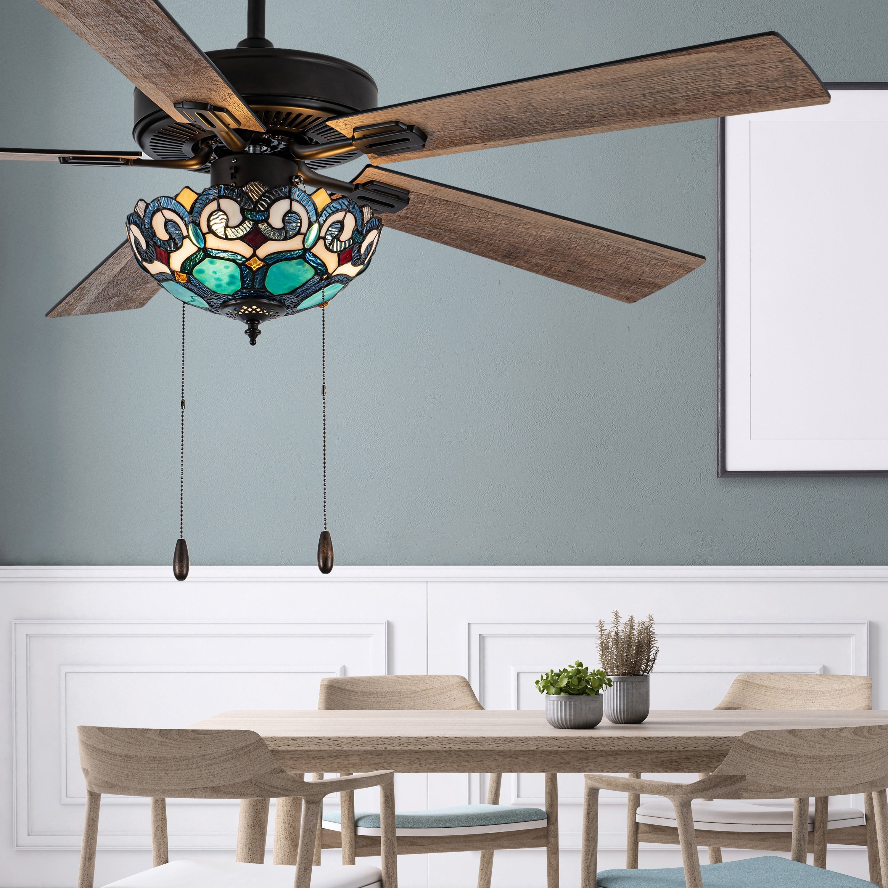 Ventilateur de plafond Astrid River of Goods, 3 lumières, 52 pouces, bronze huilé multicolore et vitrail - 52 x 52 x 14,75/19,75
