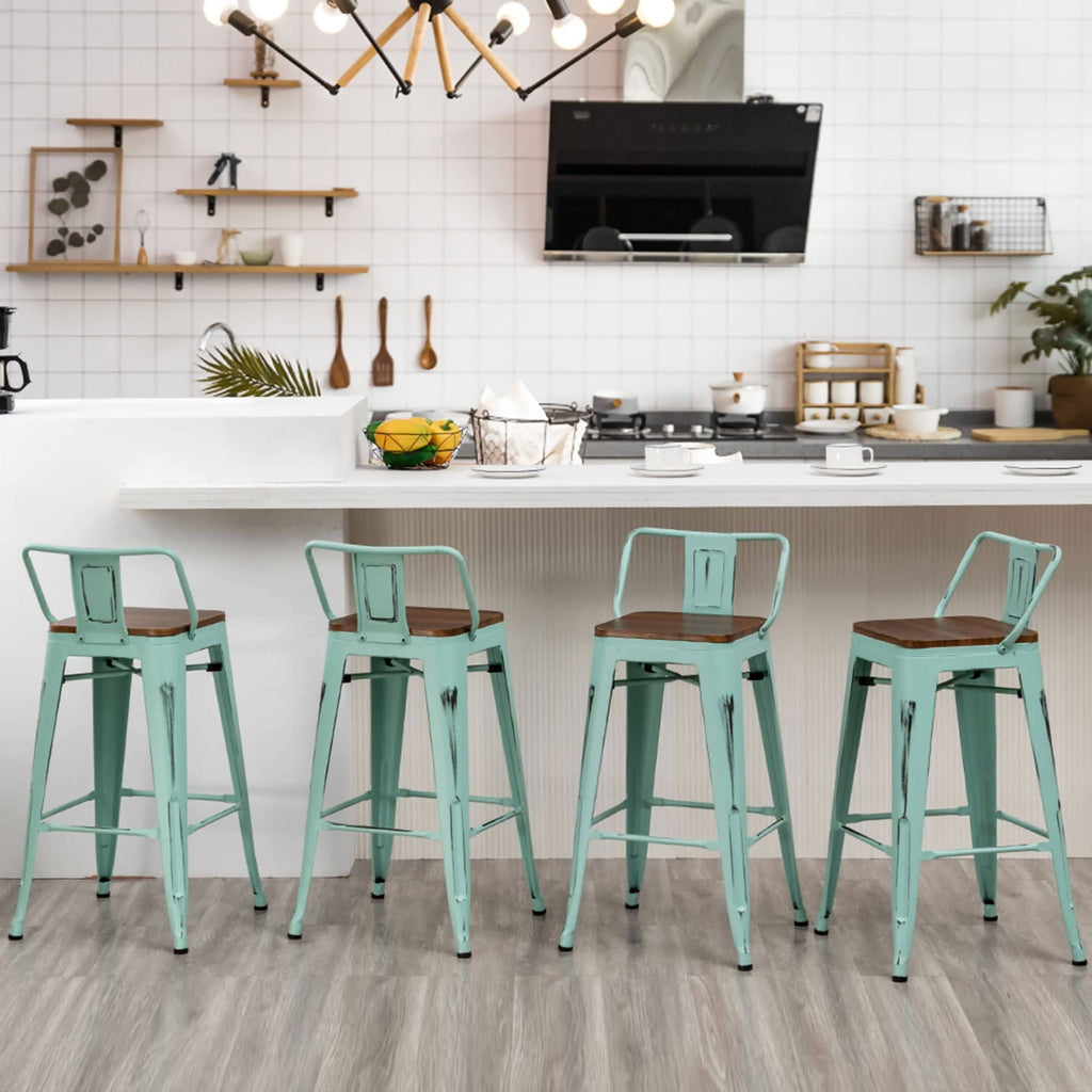 Lot de 4 tabourets de bar industriels en métal avec dossier et assise en bois