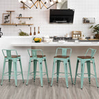 Lot de 4 tabourets de bar industriels en métal avec dossier et assise en bois